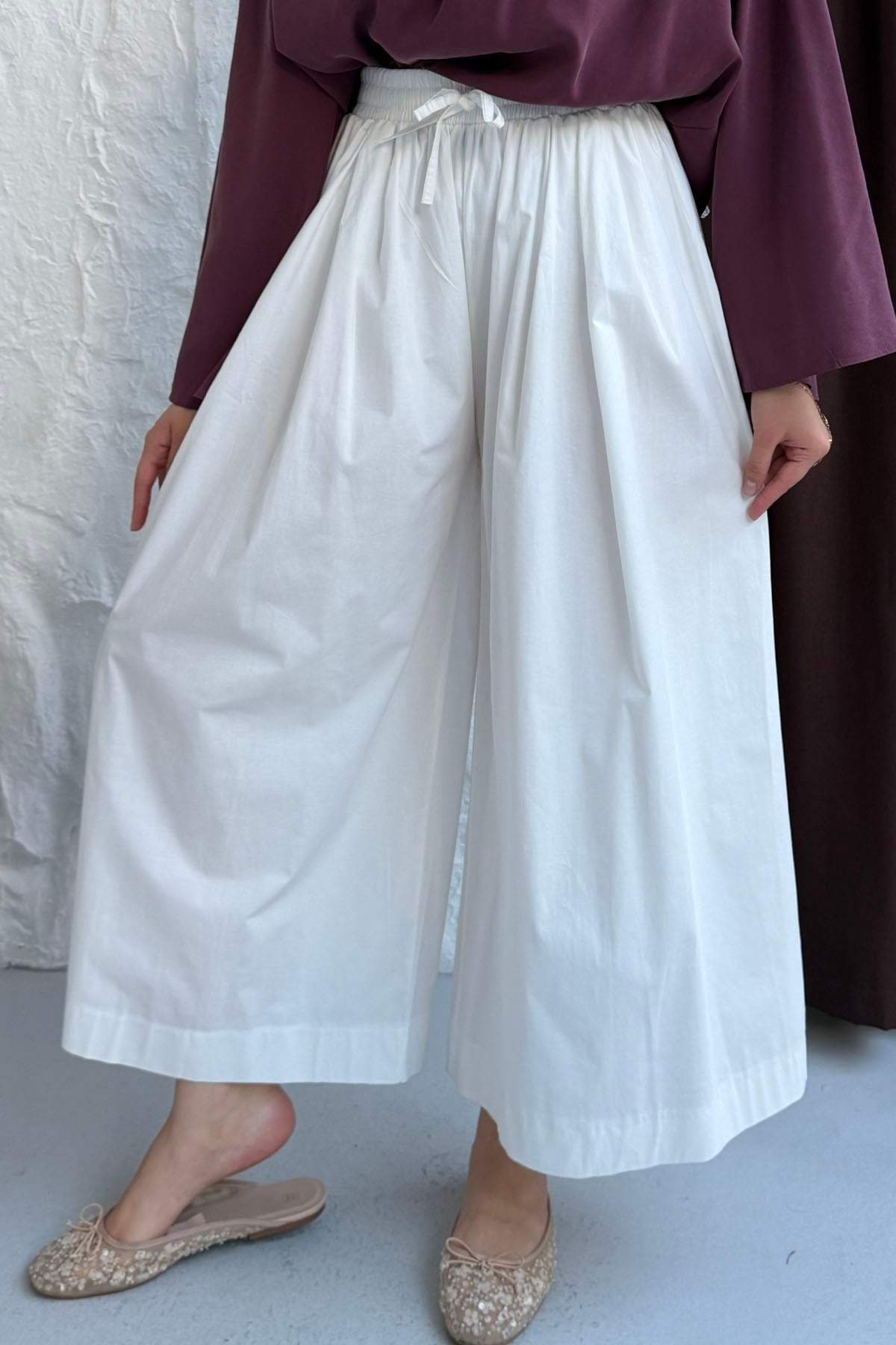 Beli Lastikli Cepli Bol Paça Pantolon-BEYAZ