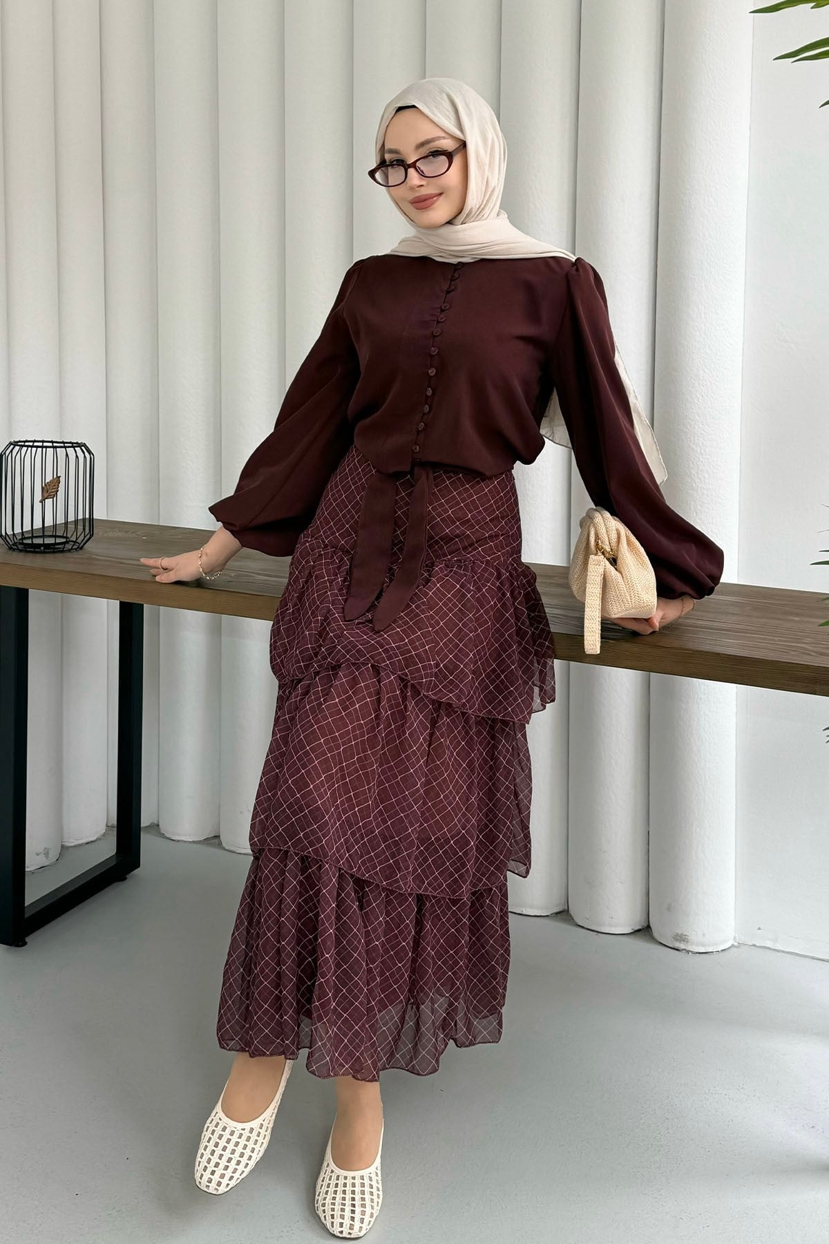 Beli Lastikli Kat Katlı Şifon Etek-BORDO