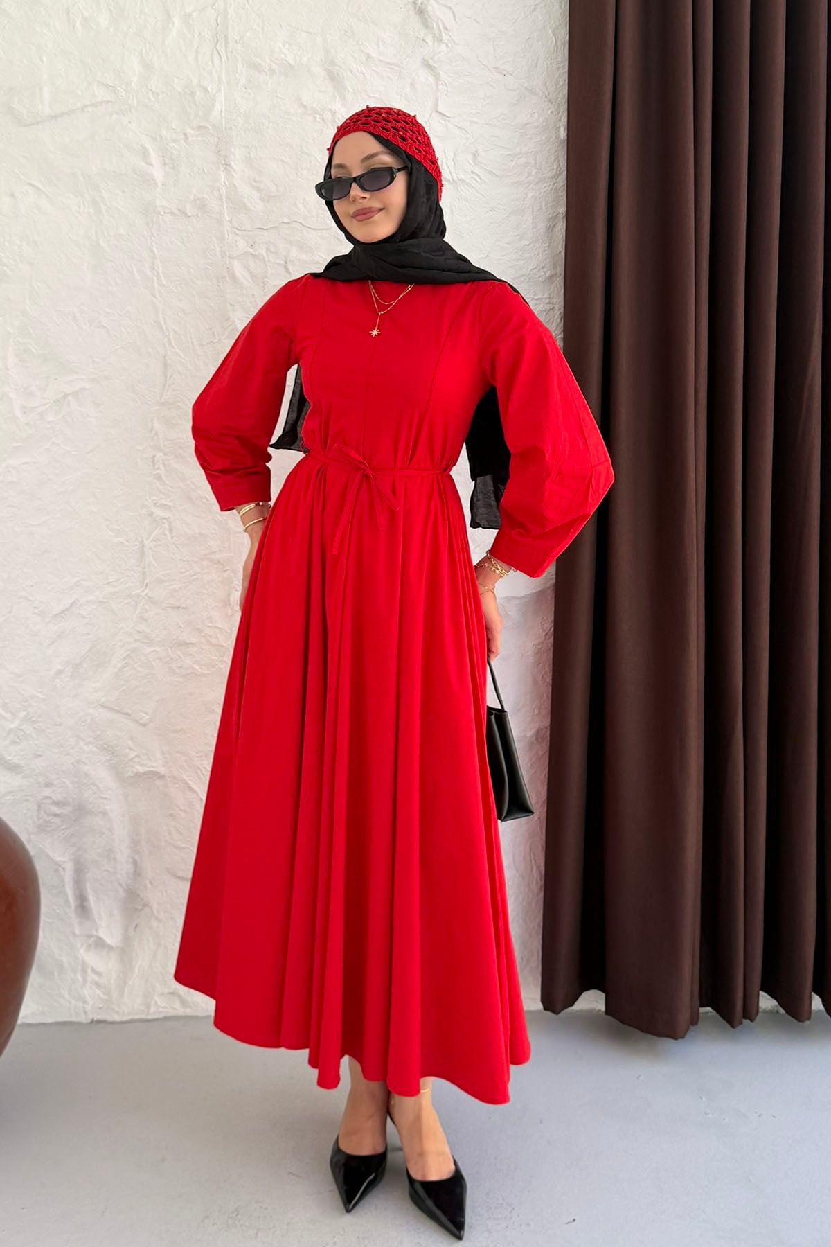 Biye Kemer Detaylı Poplin Mevlana Tesettür Elbise-KIRMIZI