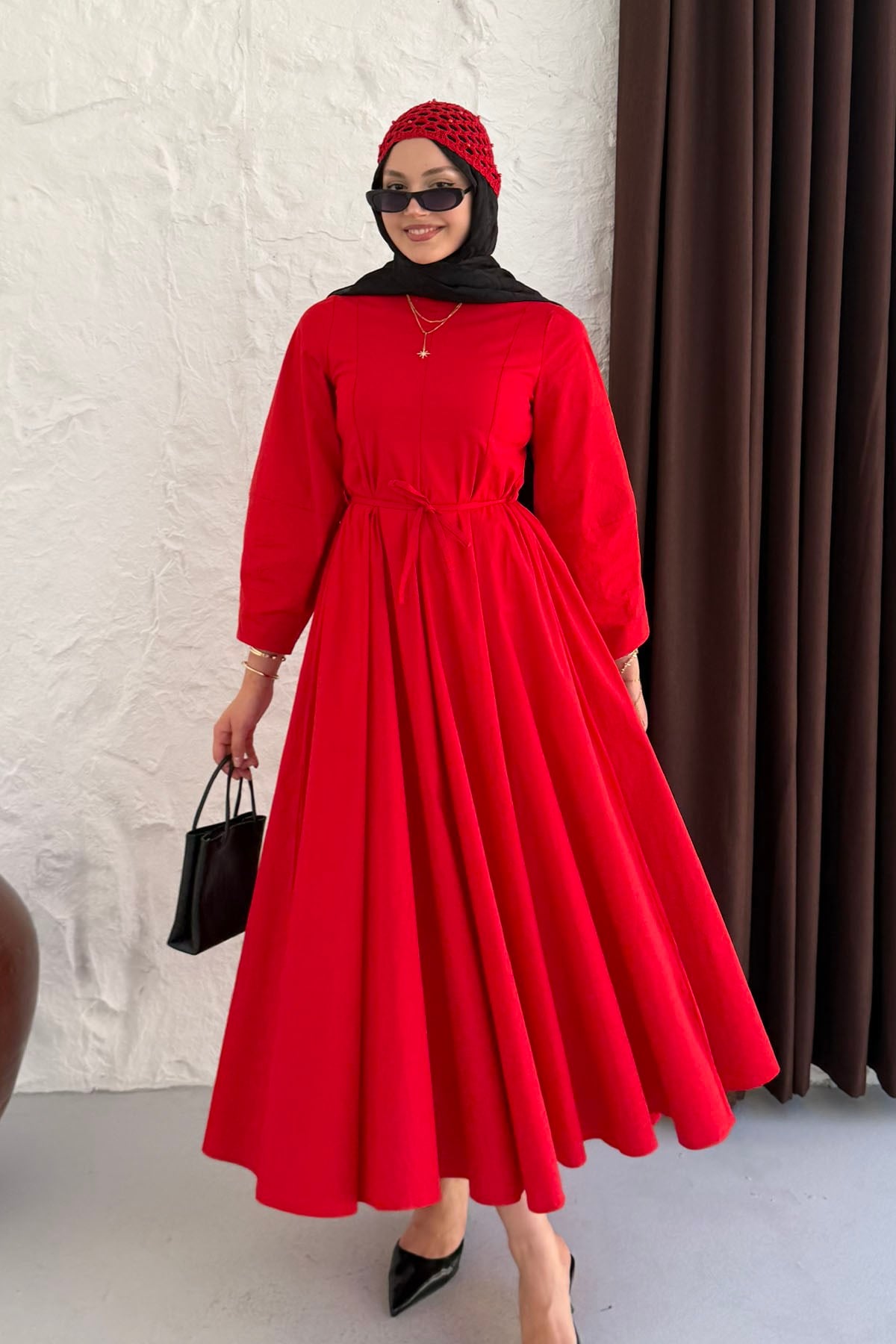 Biye Kemer Detaylı Poplin Mevlana Tesettür Elbise-KIRMIZI
