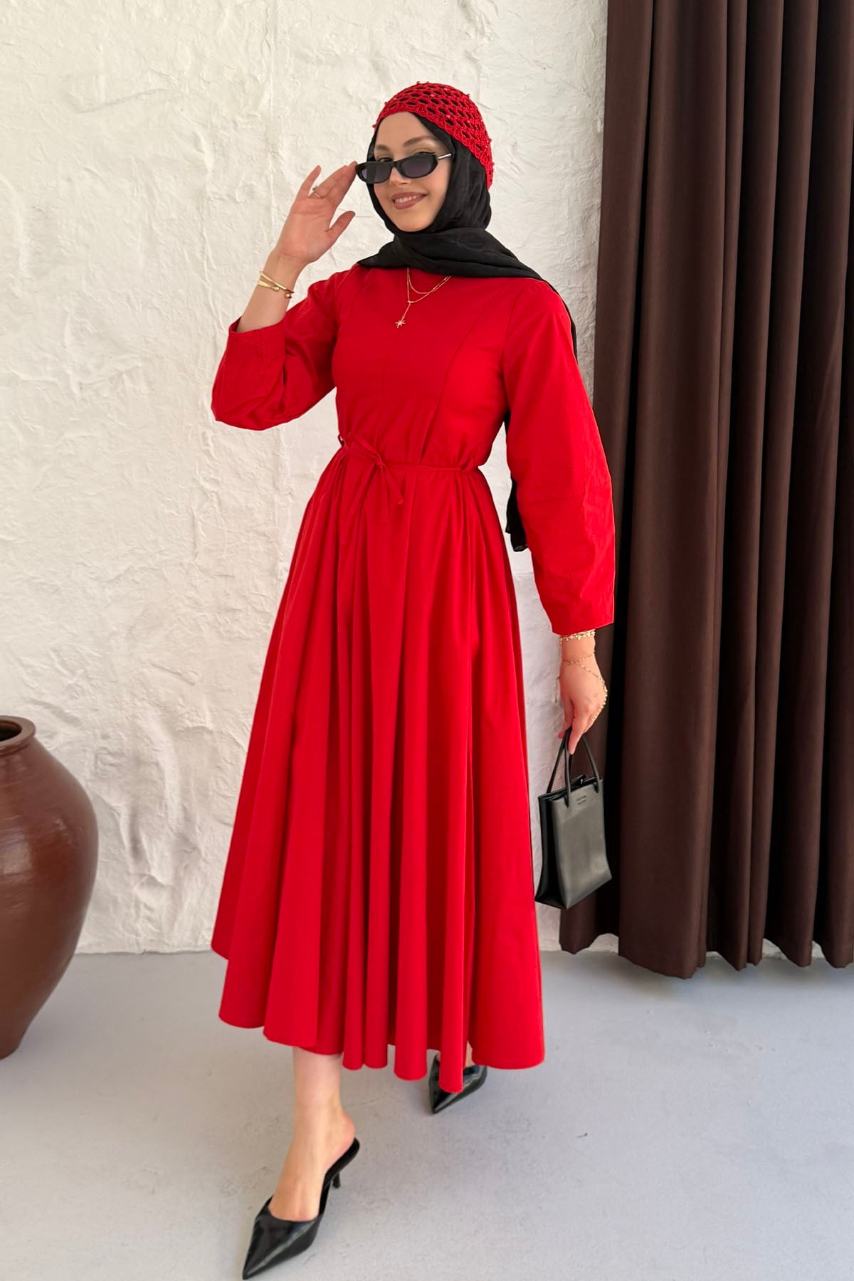 Biye Kemer Detaylı Poplin Mevlana Tesettür Elbise-KIRMIZI