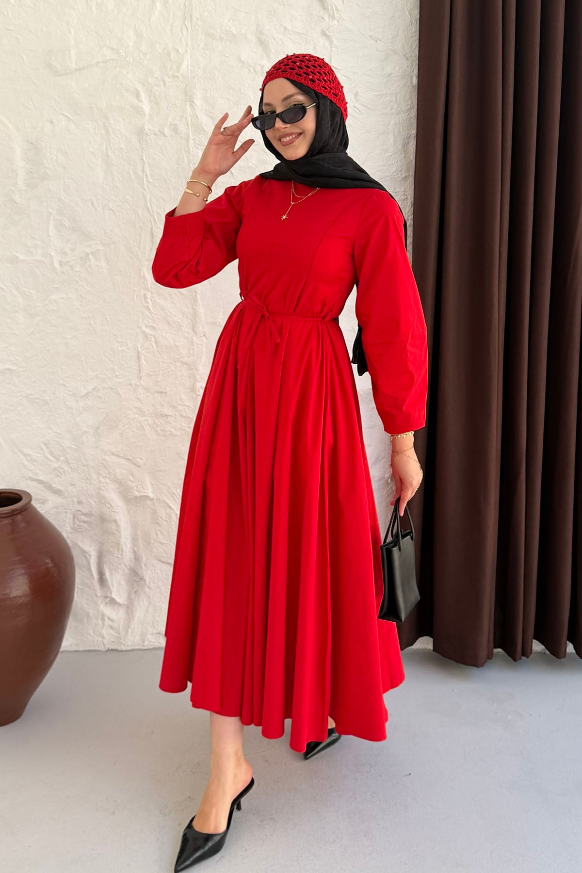 Biye Kemer Detaylı Poplin Mevlana Tesettür Elbise-KIRMIZI