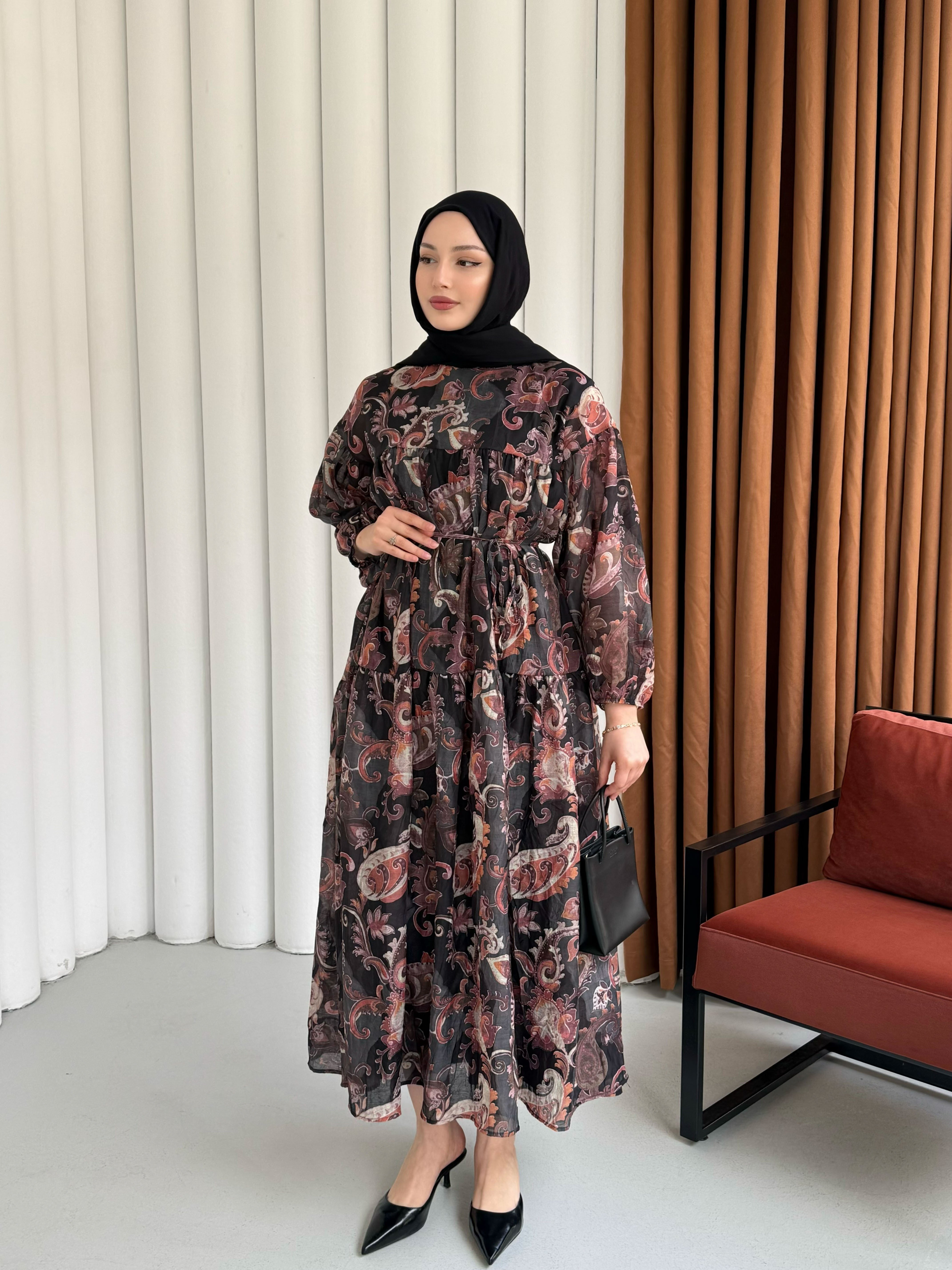 Bohem Etnik Desenli Balon Kol Astarlı Tesettür Elbise-SİYAH