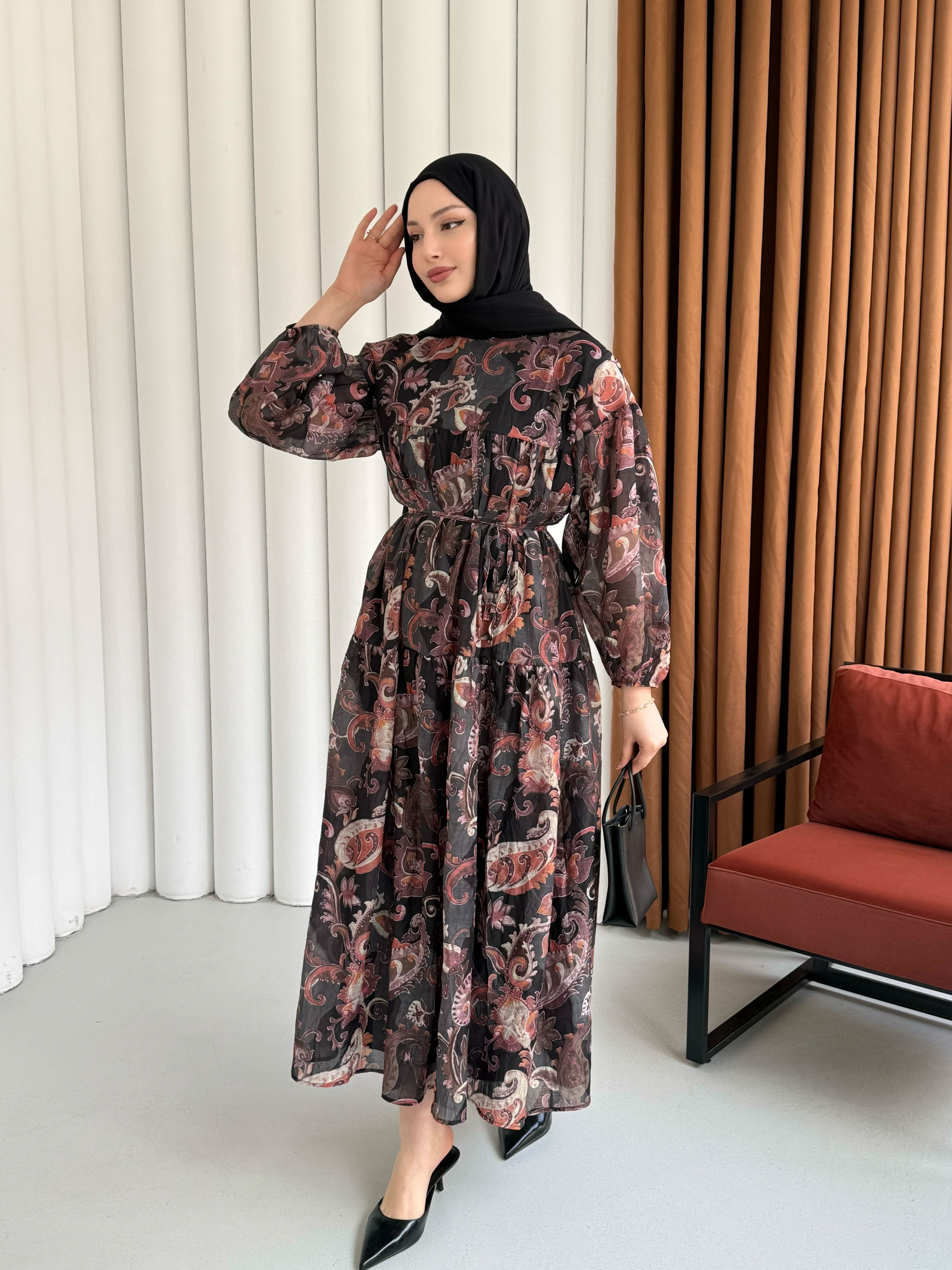 Bohem Etnik Desenli Balon Kol Astarlı Tesettür Elbise-SİYAH