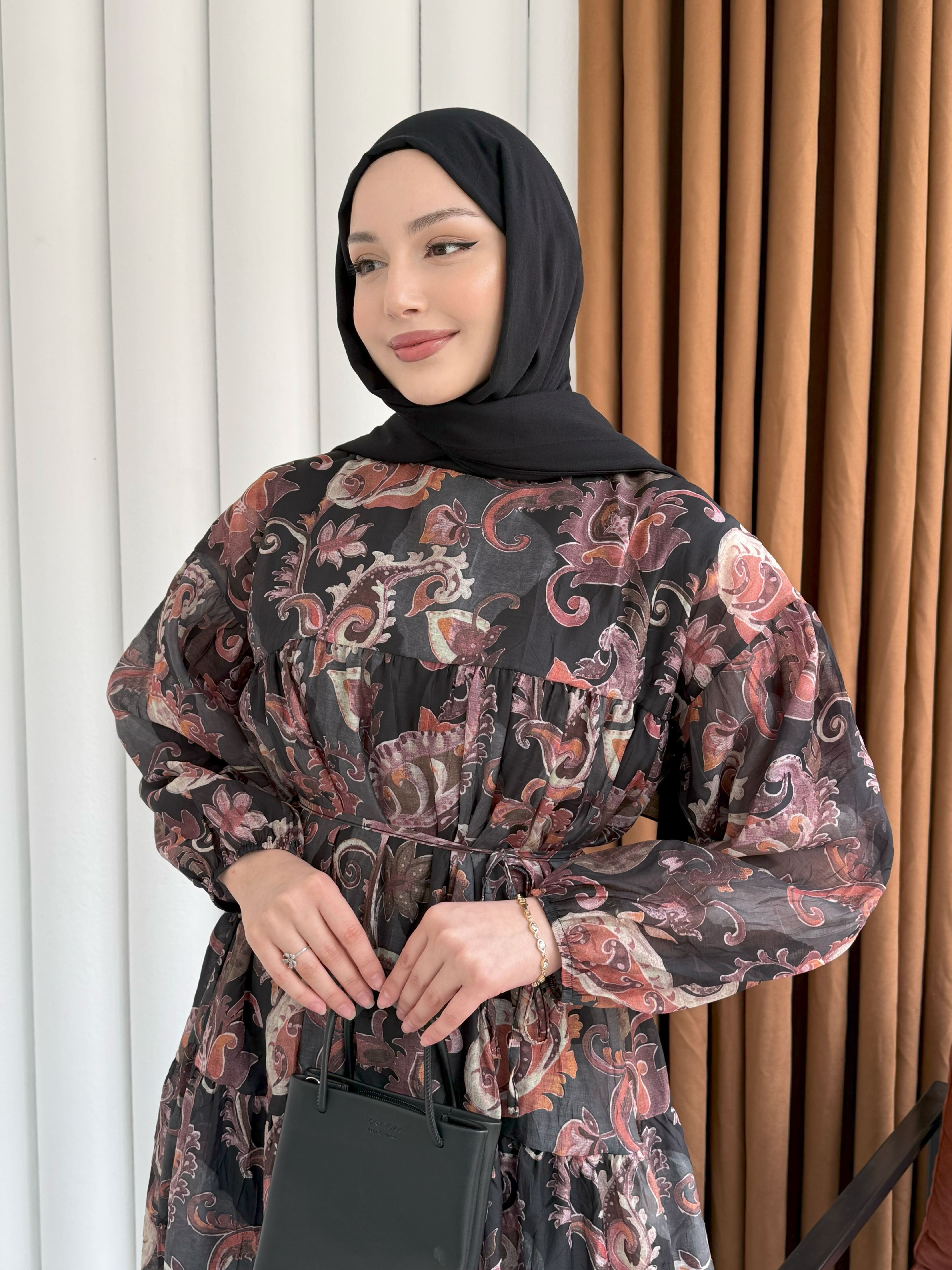 Bohem Etnik Desenli Balon Kol Astarlı Tesettür Elbise-SİYAH