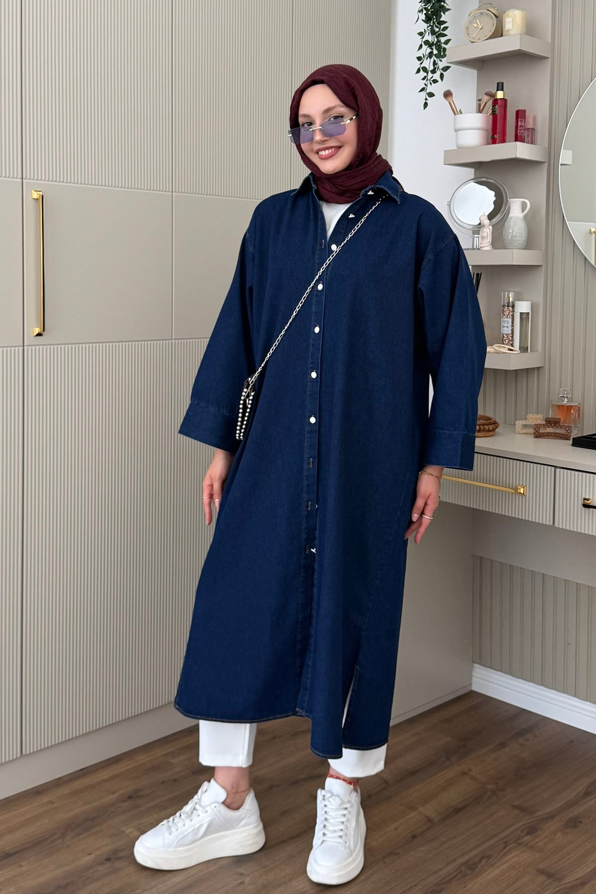 Boydan Düğmeli Denim Ara Boy Kap Gömlek-KOYU MAVİ