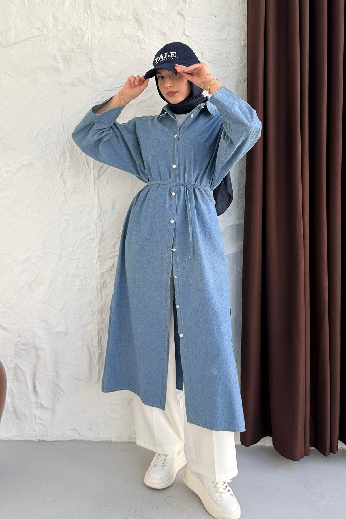 Boydan Düğmeli Kol Manşetli Denim Gömlek-AÇIK MAVİ