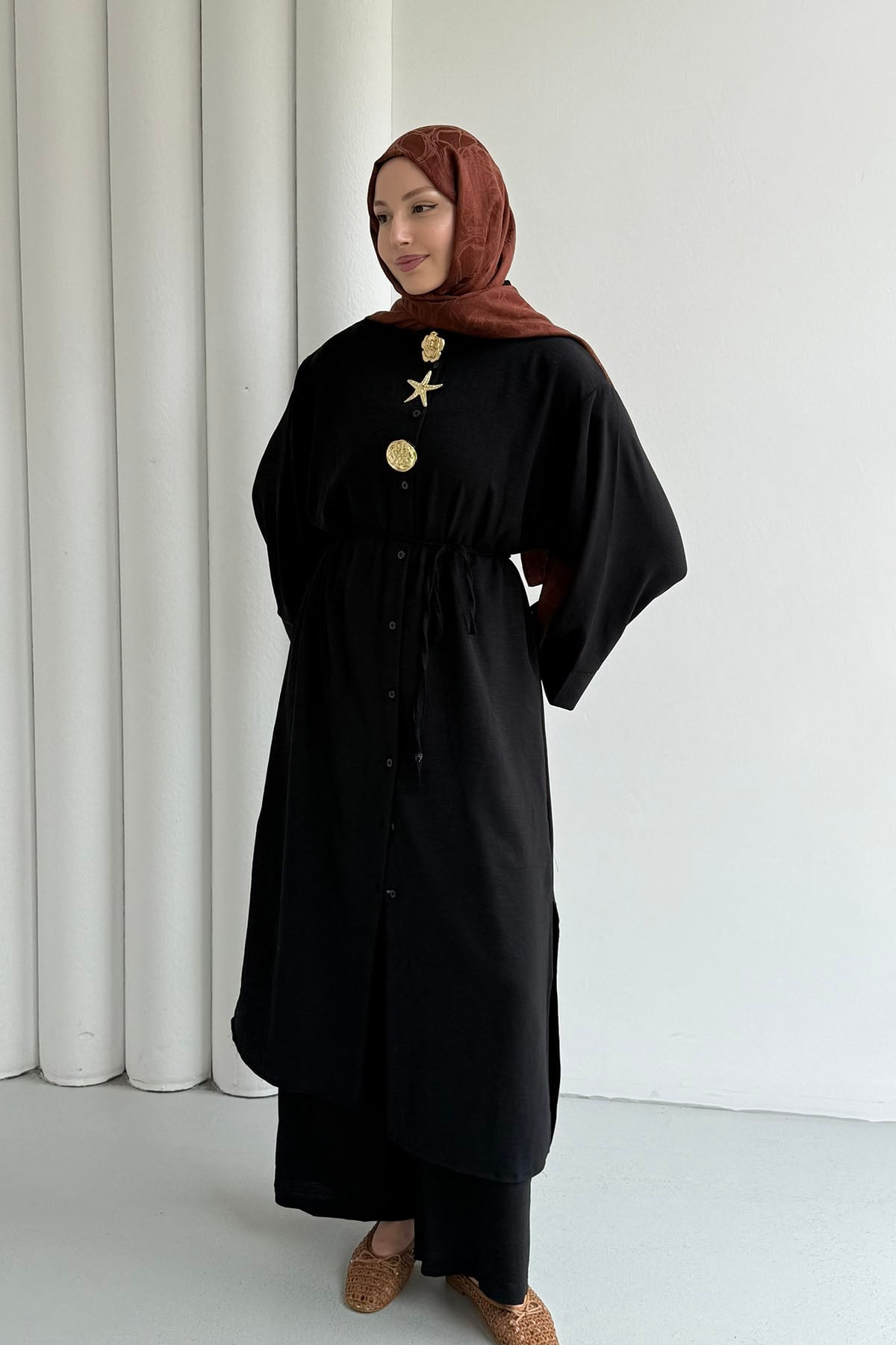 Boydan Düğmeli Tunik Pantolon Tesettür Takım-SİYAH