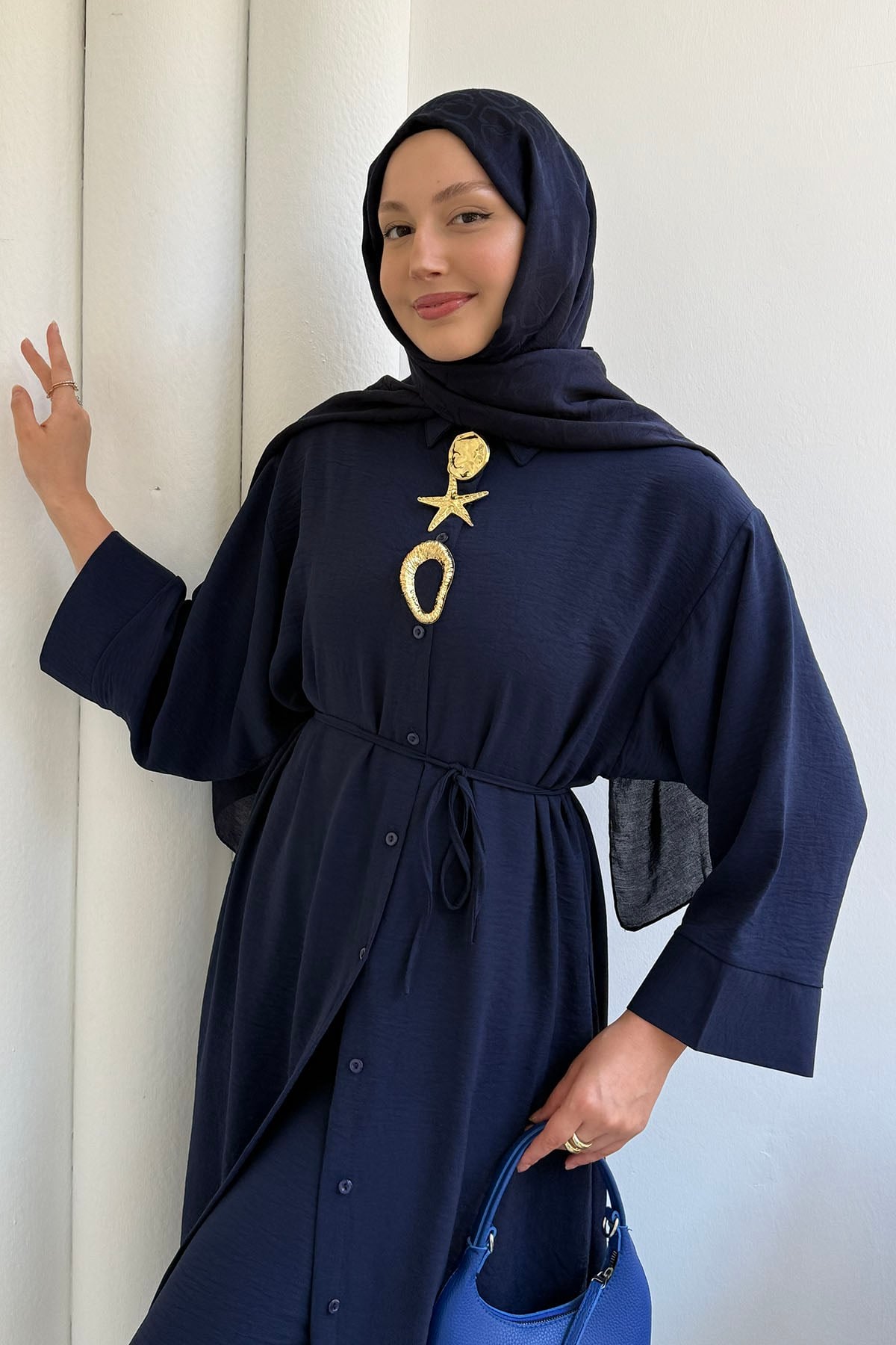 Boydan Düğmeli Tunik Pantolon Tesettür Takım-LACİVERT