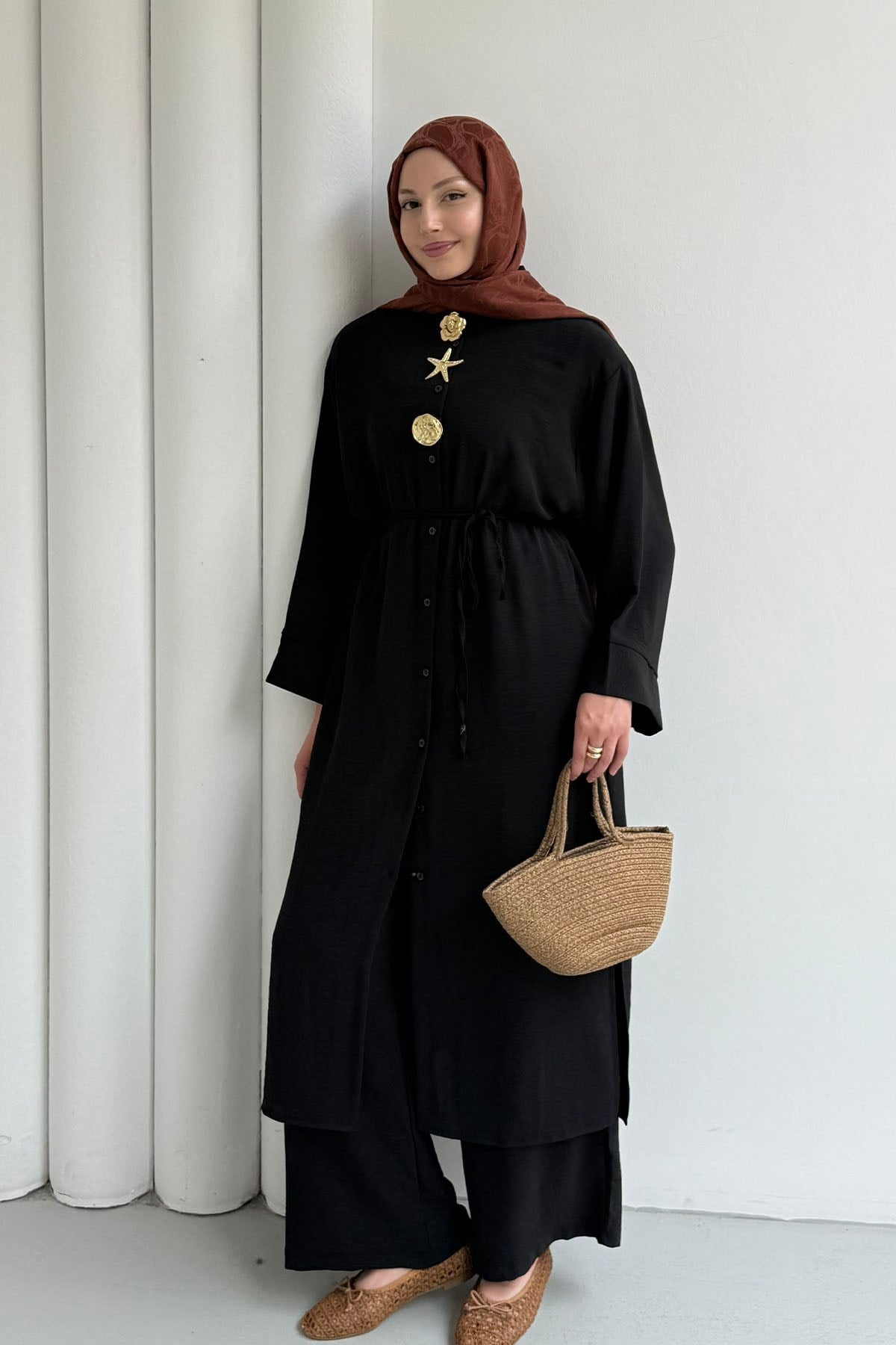 Boydan Düğmeli Tunik Pantolon Tesettür Takım-SİYAH