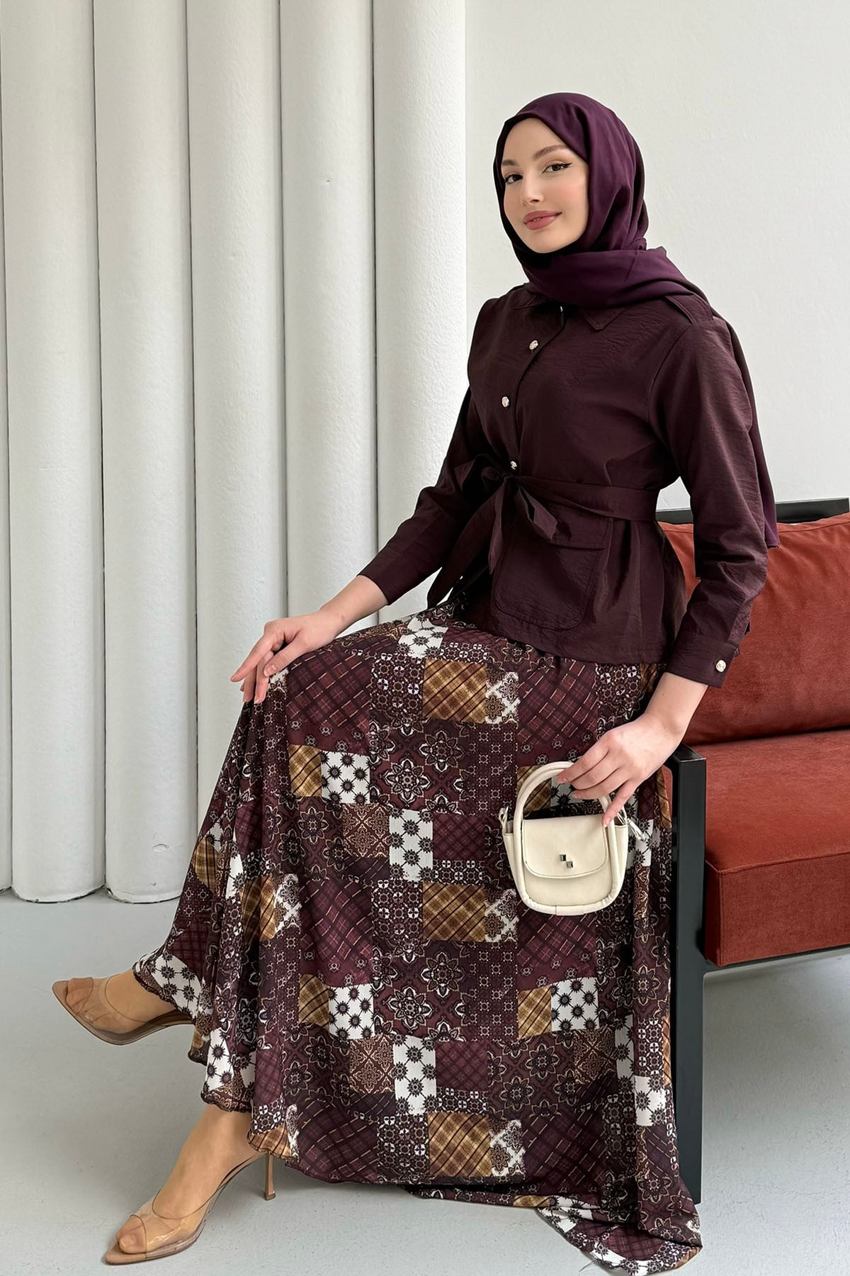 Ceketi Paraşüt Kumaş Etekli Tesettür Takım-BORDO