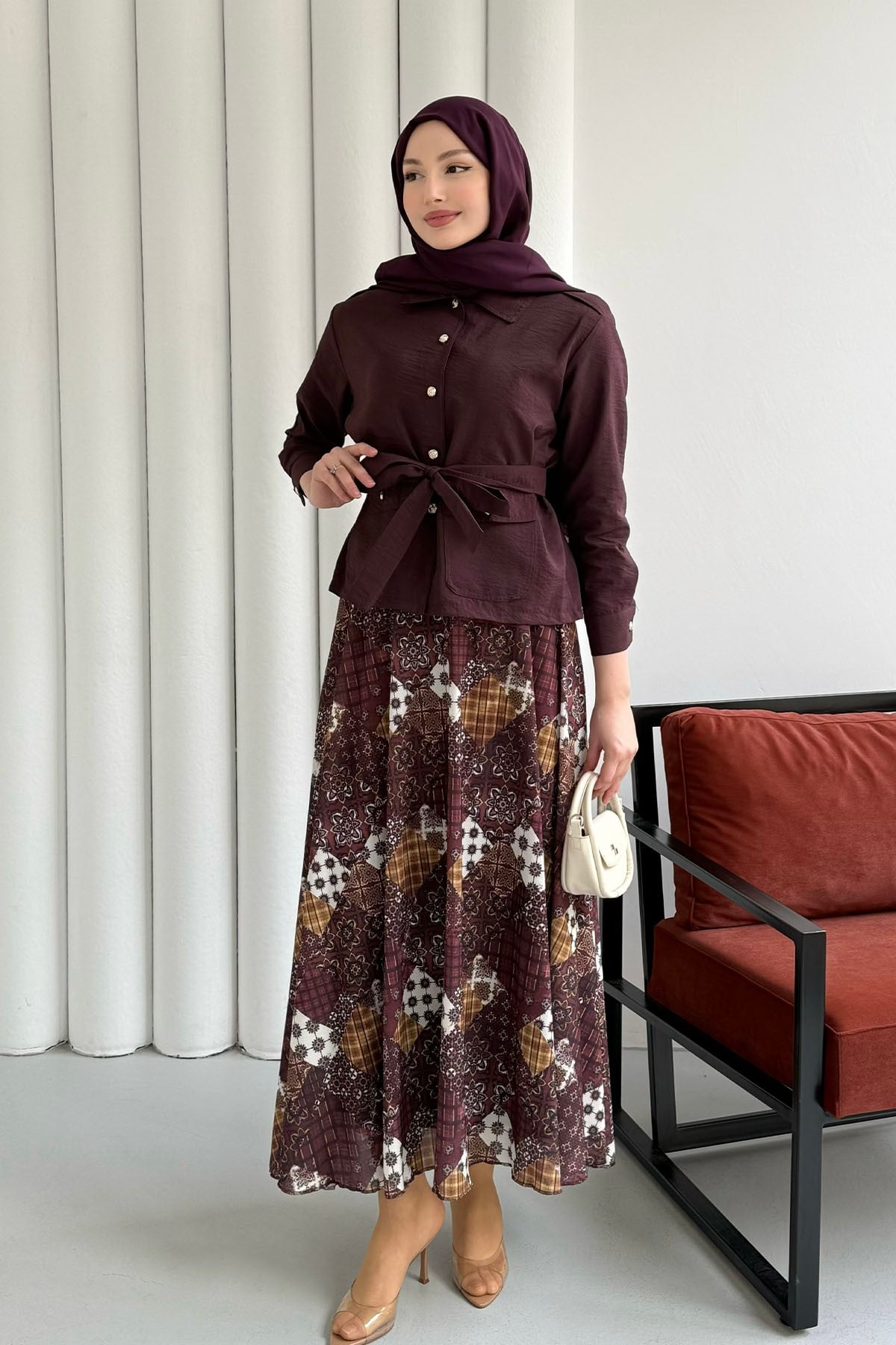 Ceketi Paraşüt Kumaş Etekli Tesettür Takım-BORDO