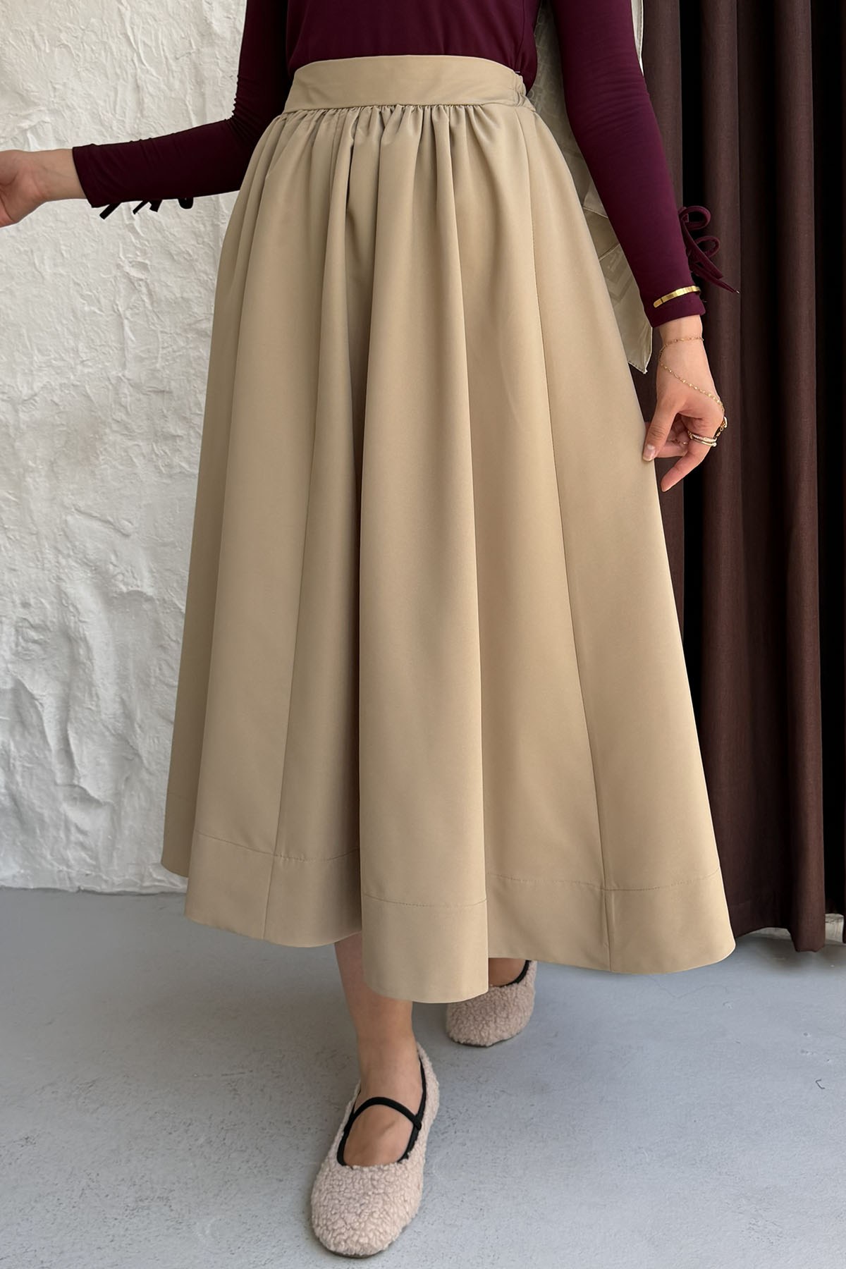 Cepli Beli Yarım Lastikli Gabardin Etek-CAMEL