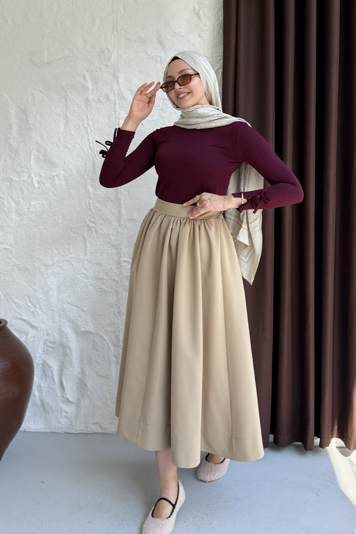 Cepli Beli Yarım Lastikli Gabardin Etek-CAMEL