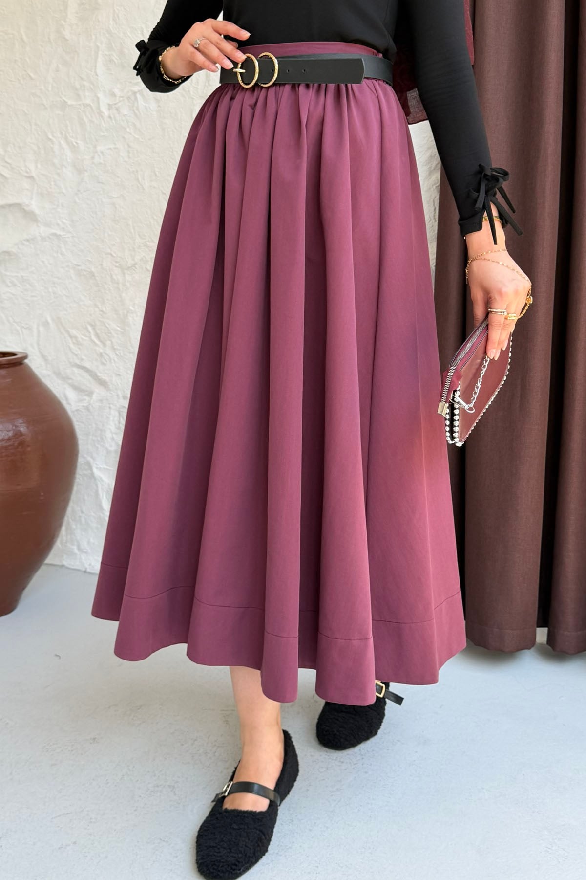 Cepli Beli Yarım Lastikli Gabardin Etek-BORDO