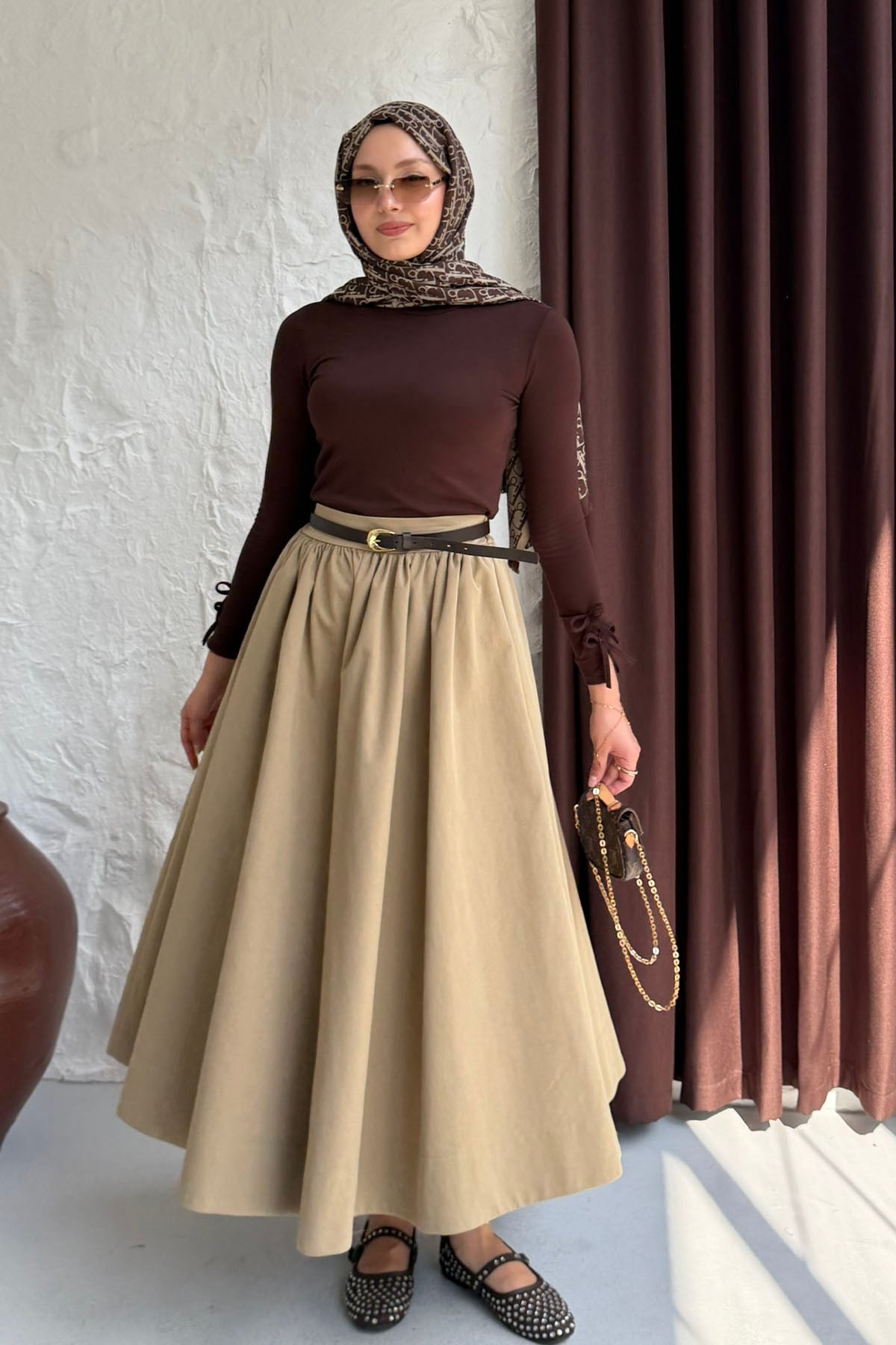 Cepli Beli Yarım Lastikli Gabardin Etek-ÇAĞLA YEŞİLİ