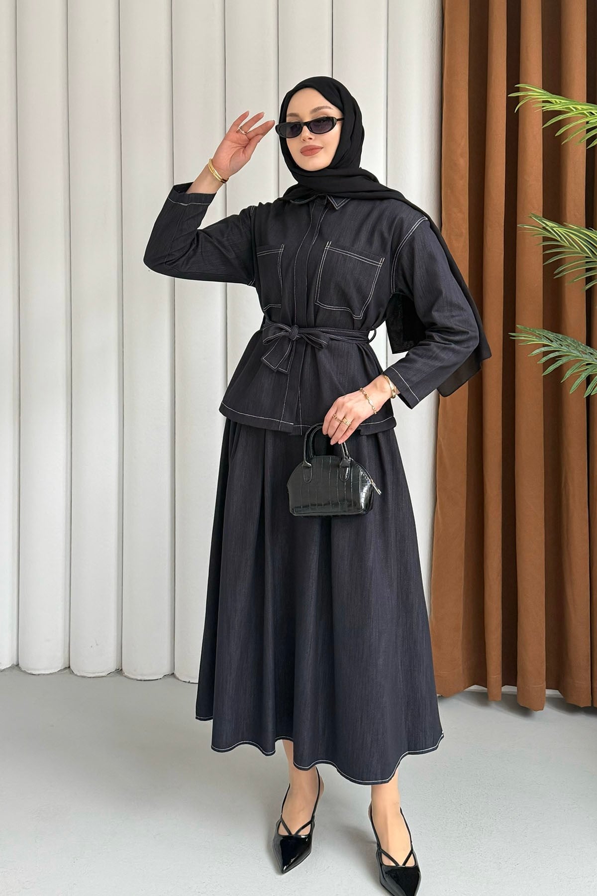 Cepli Dikiş Detaylı Etekli Tesettür Takım-LACİVERT