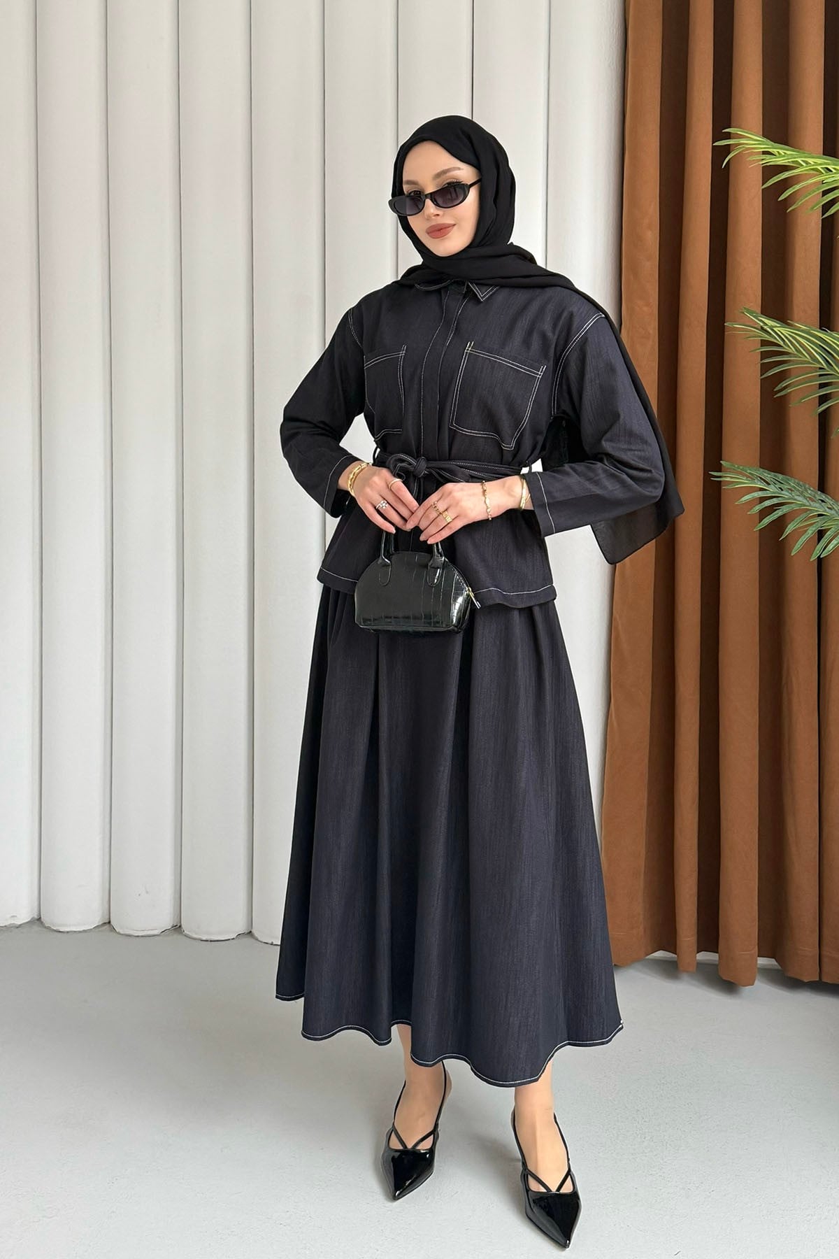 Cepli Dikiş Detaylı Etekli Tesettür Takım-LACİVERT