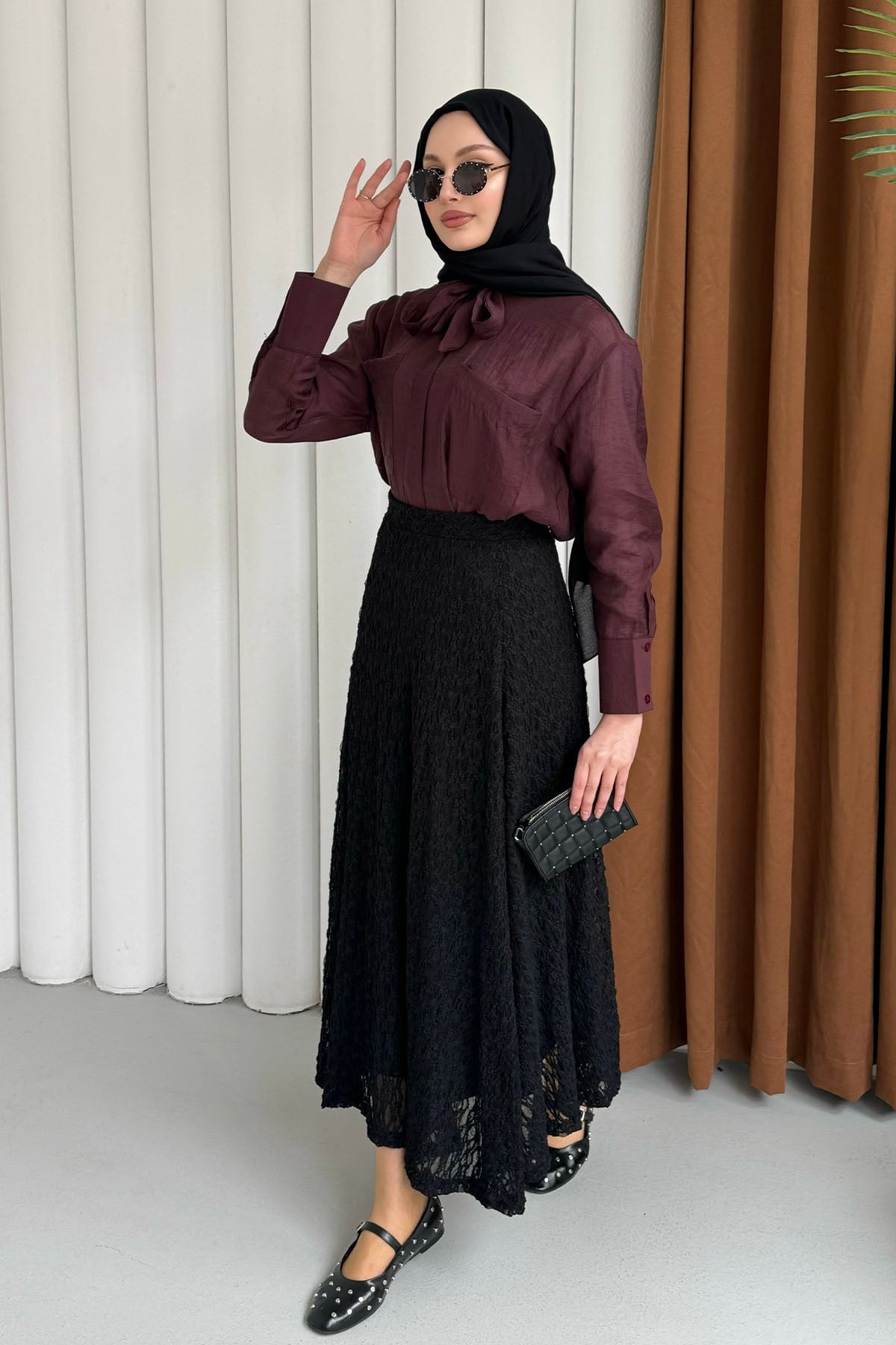 Cepli Kuşaklı İnce Modal Kumaş Gömlek-BORDO