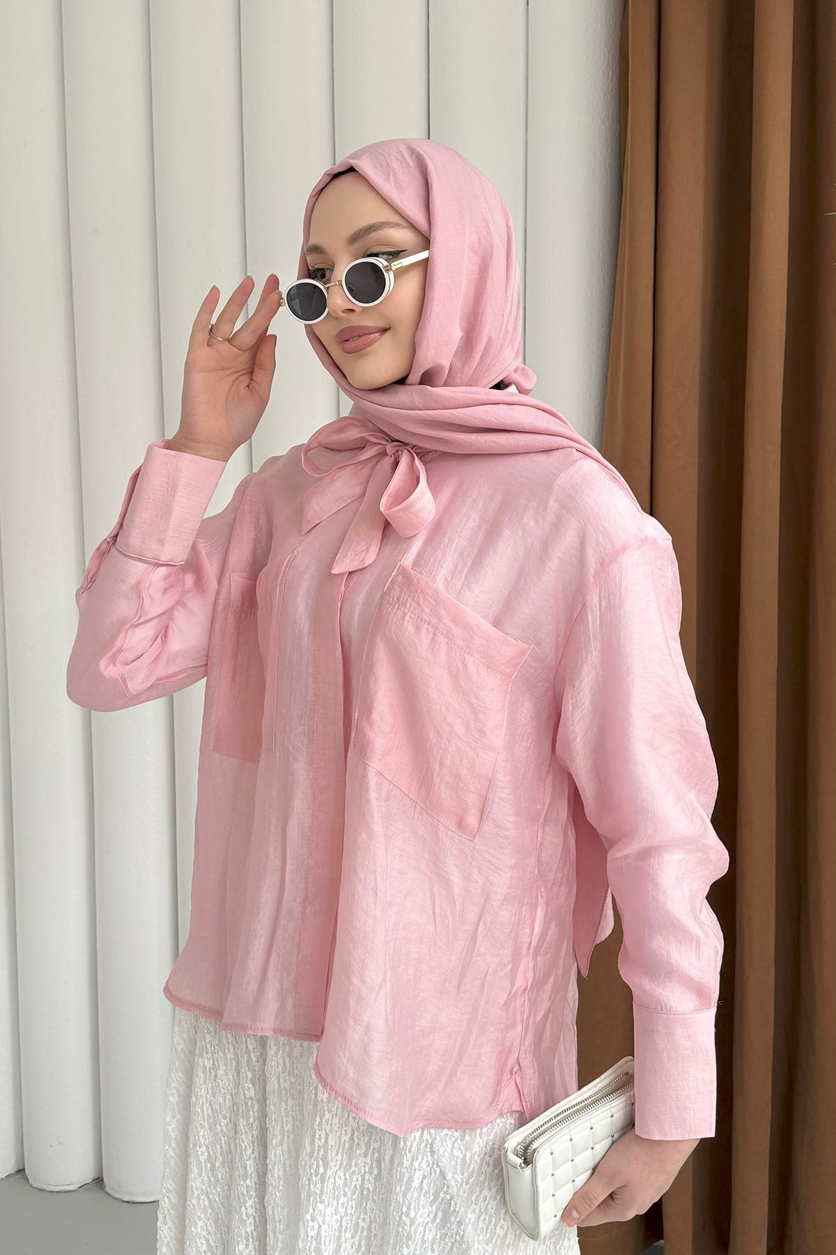 Cepli Kuşaklı İnce Modal Kumaş Gömlek-PEMBE