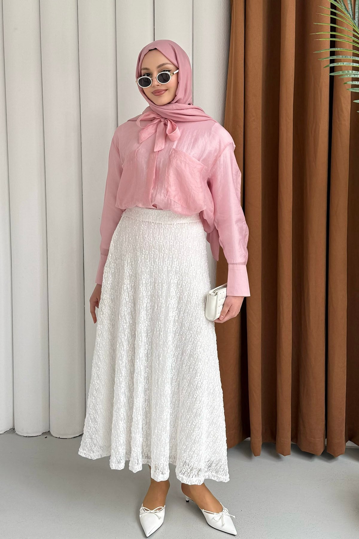 Cepli Kuşaklı İnce Modal Kumaş Gömlek-PEMBE