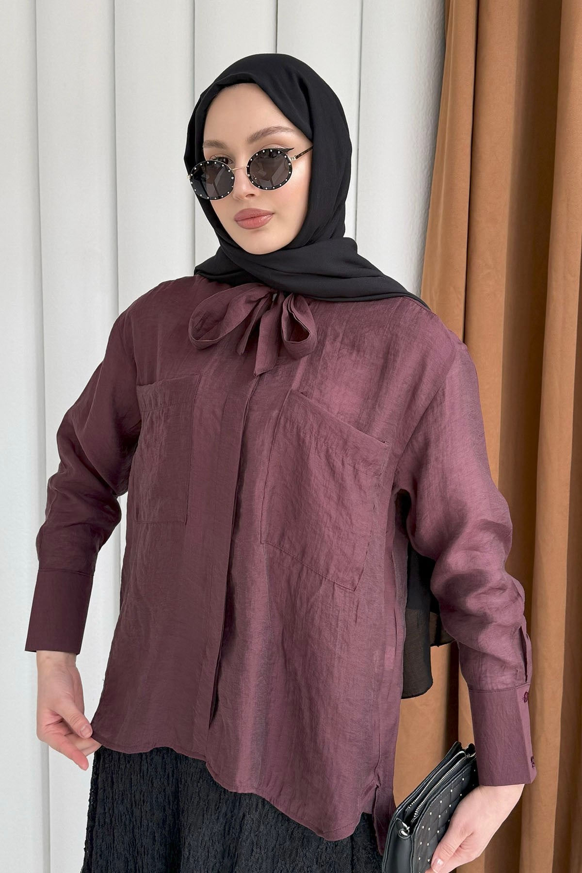 Cepli Kuşaklı İnce Modal Kumaş Gömlek-BORDO