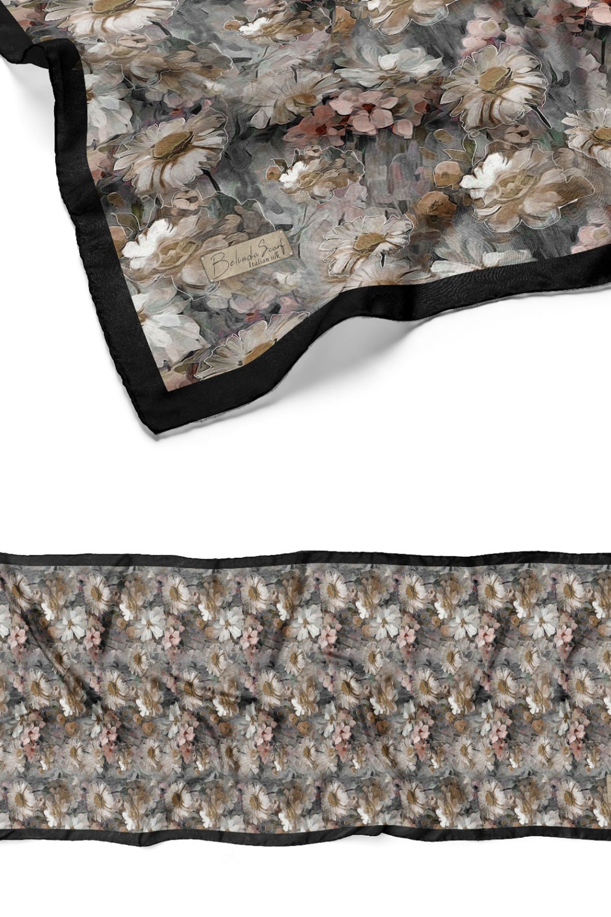 Çiçek Desen Pamuklu İtalyan İpekli Şal-SİYAH