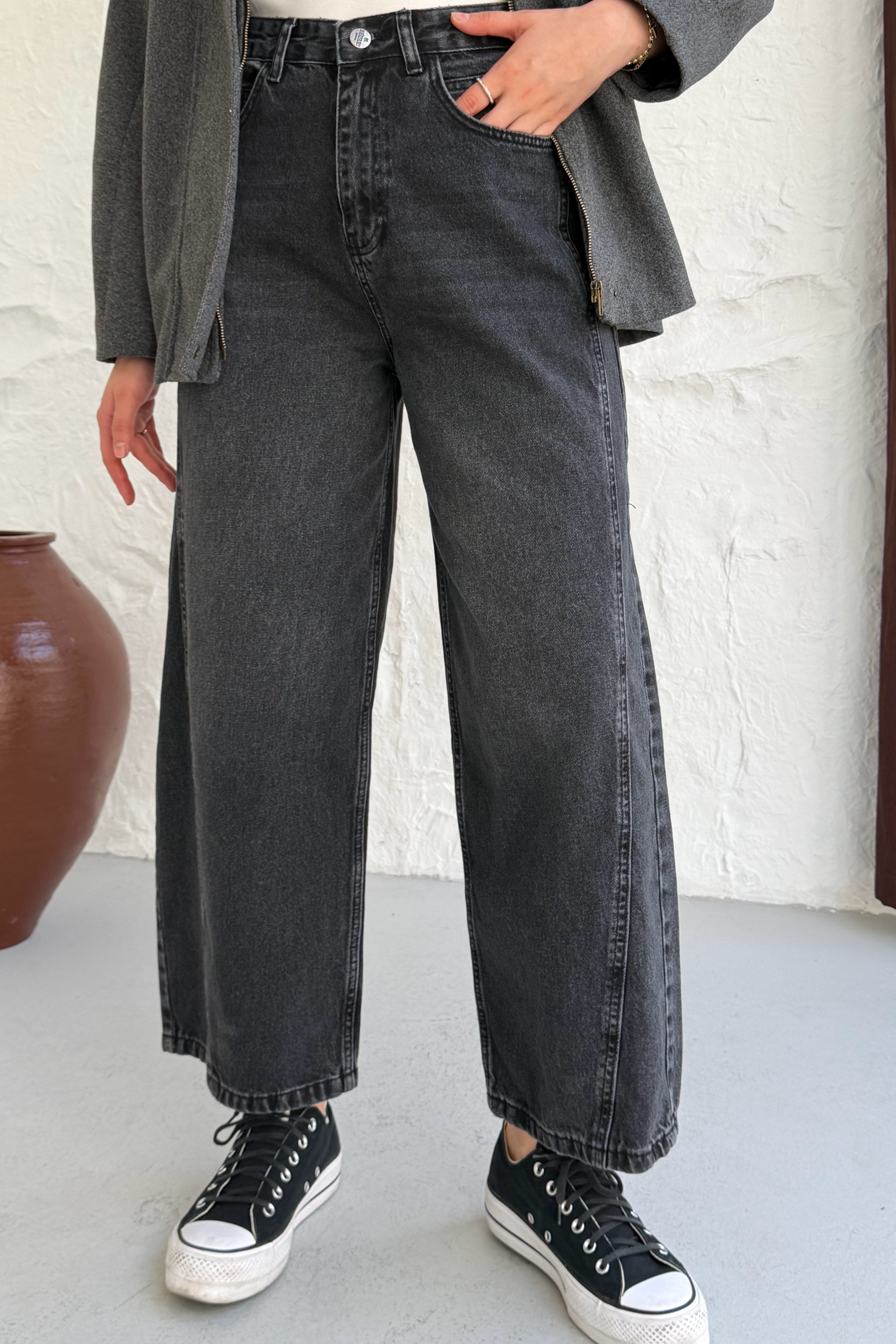 Çift Dikiş Geçişli Barrel Jean Pantolon-SİYAH