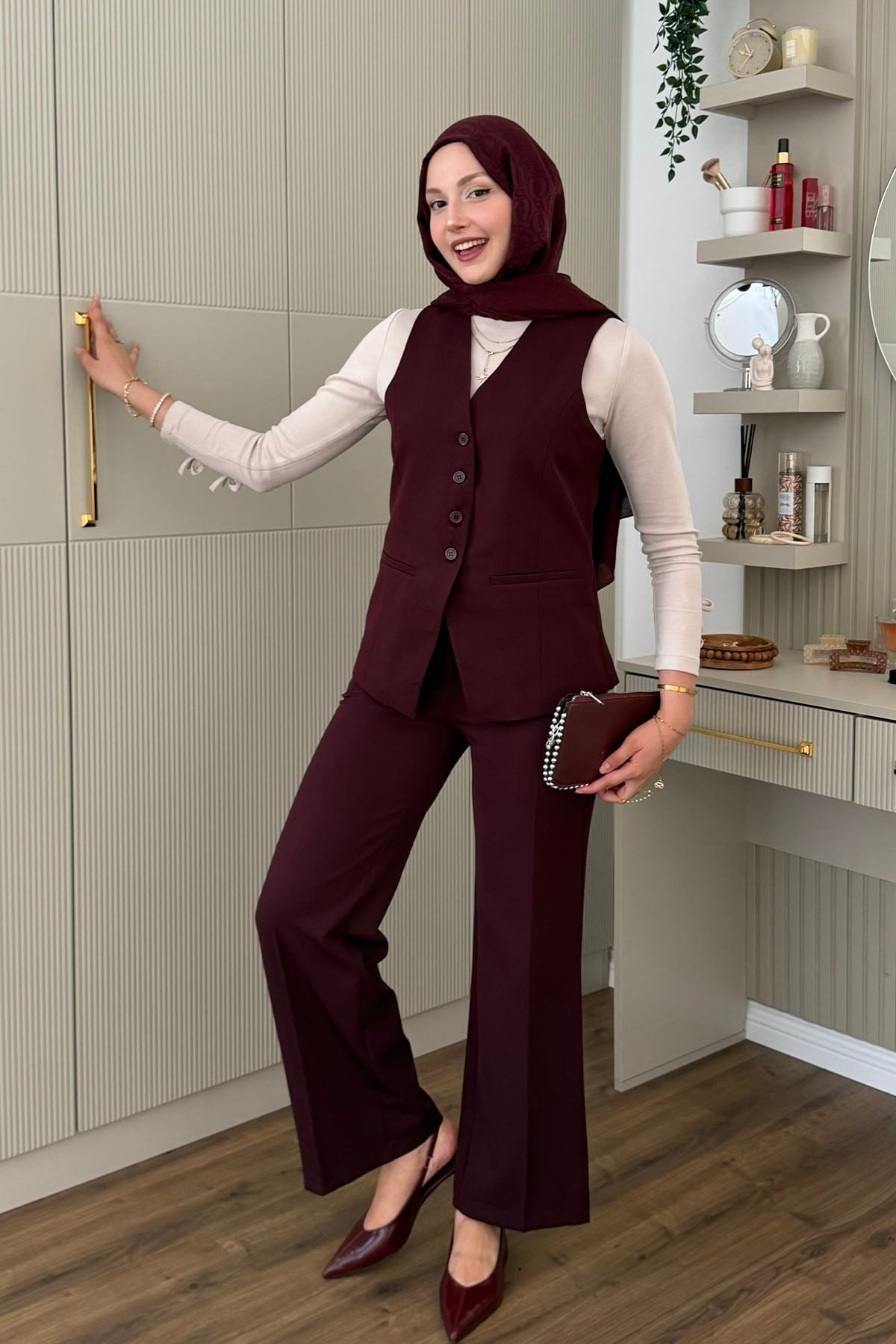 Çift Flato Detaylı Ön Düğmeli Yelek-BORDO