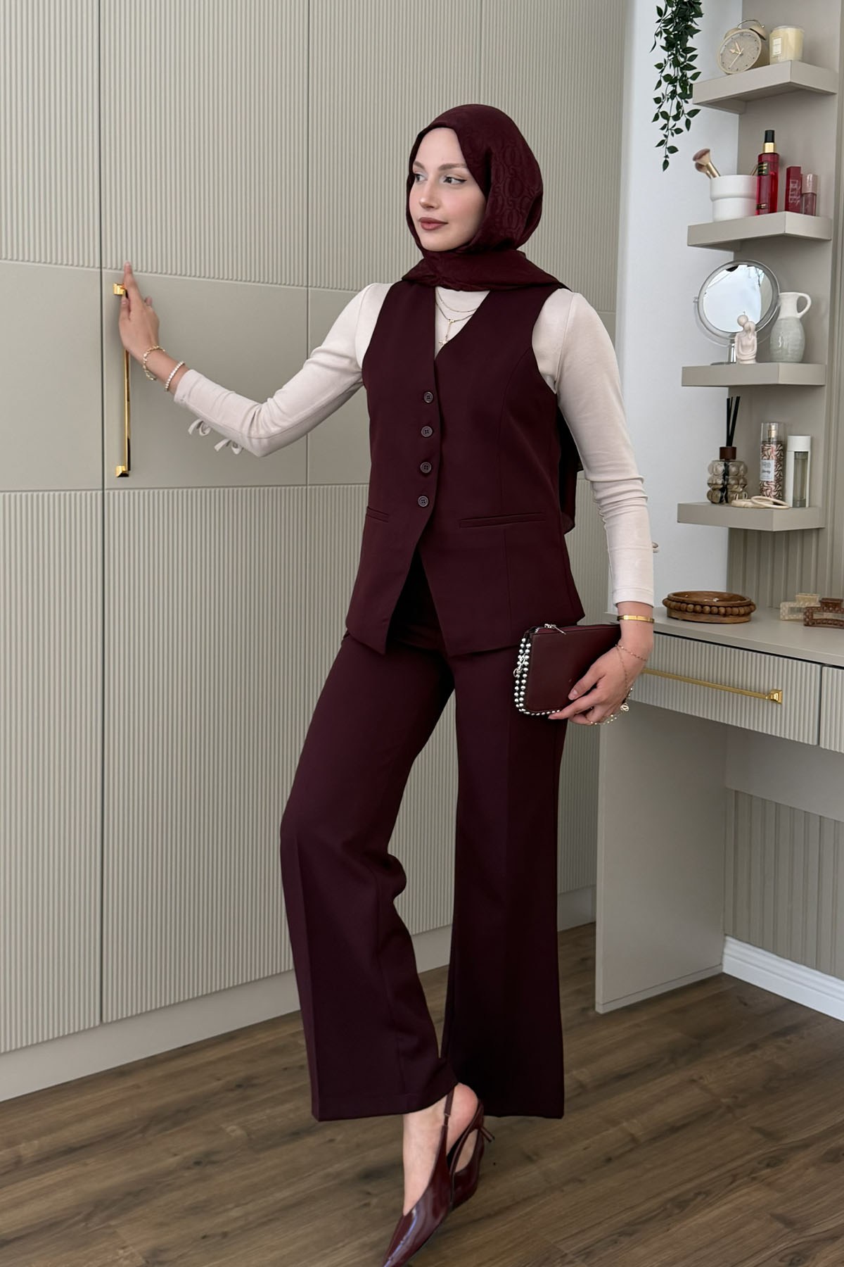 Çift Flato Detaylı Ön Düğmeli Yelek-BORDO