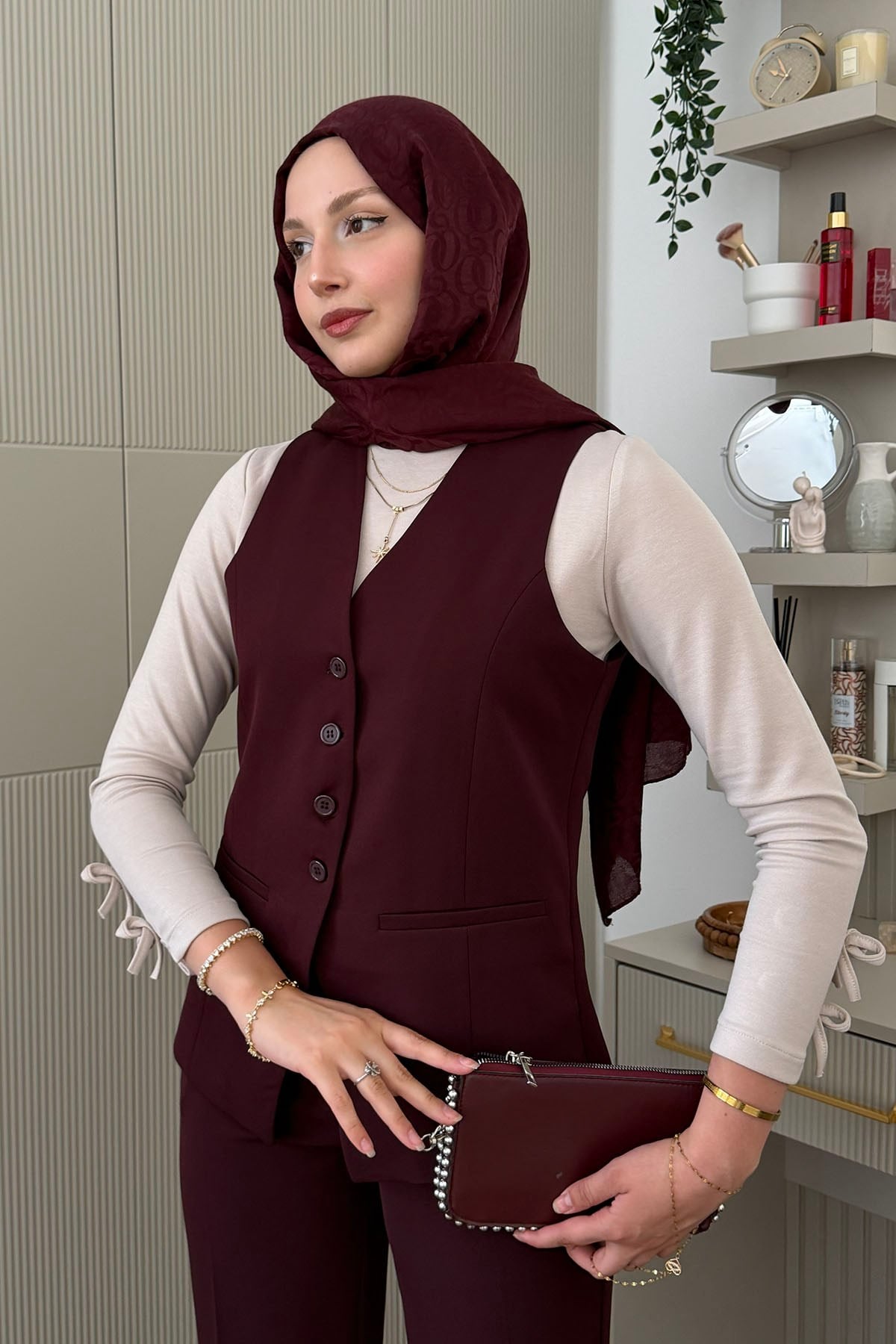 Çift Flato Detaylı Ön Düğmeli Yelek-BORDO