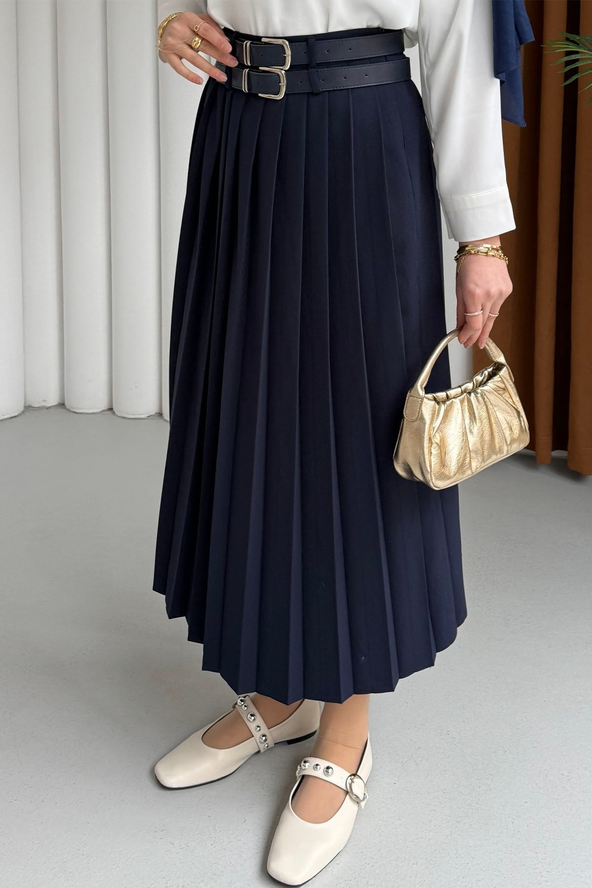 Çift Kemer Detaylı Piliseli Etek-LACİVERT