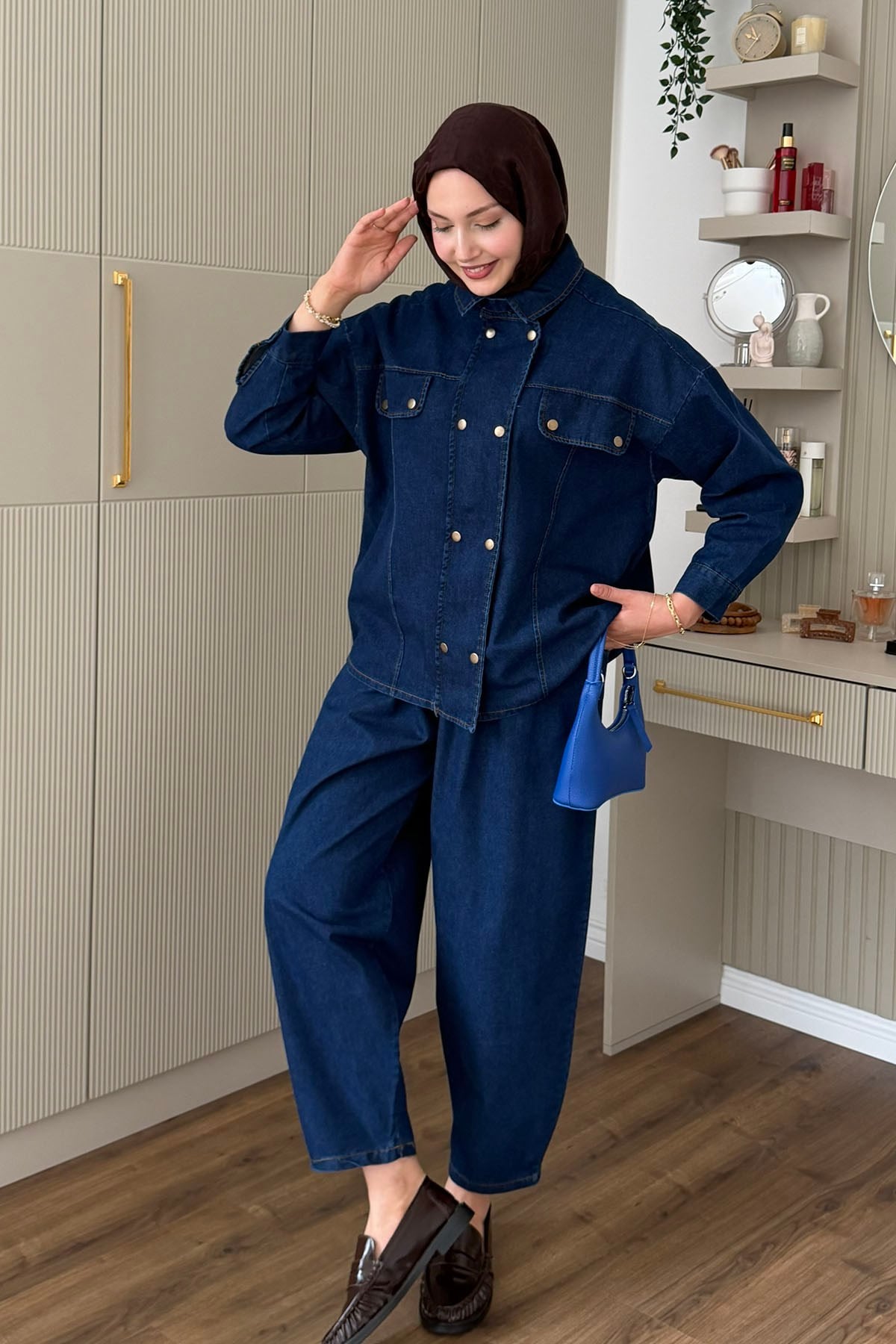 Çift Sıra Düğmeli Havuç Kesim Pantolonlu Denim Takım-KOYU MAVİ