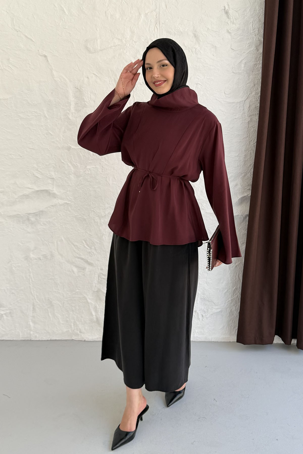 Degaje Yaka Biye Kemerli Bluz-BORDO