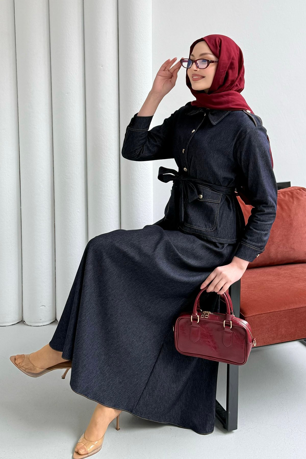 Denim Cep Detaylı Etekli Tesettür Takım-KOYU LACİVERT