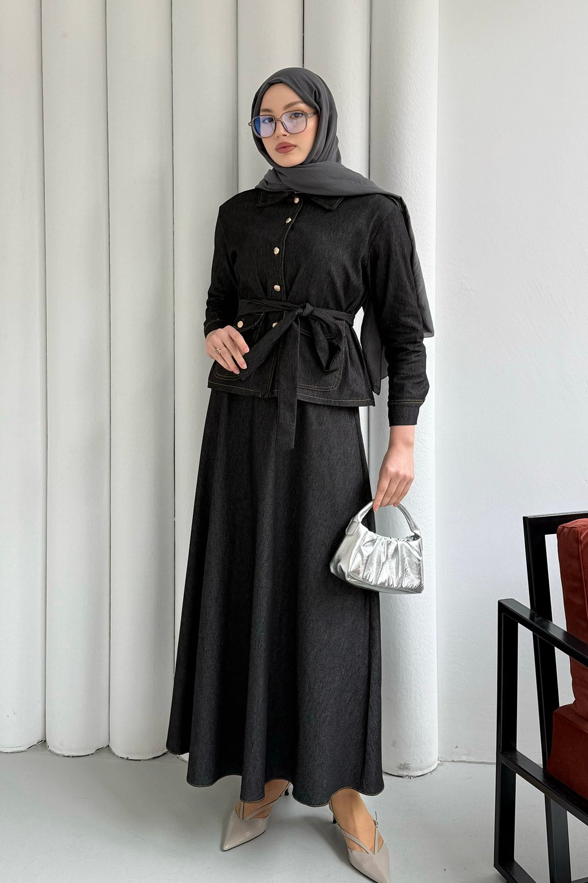 Denim Cep Detaylı Etekli Tesettür Takım-SİYAH