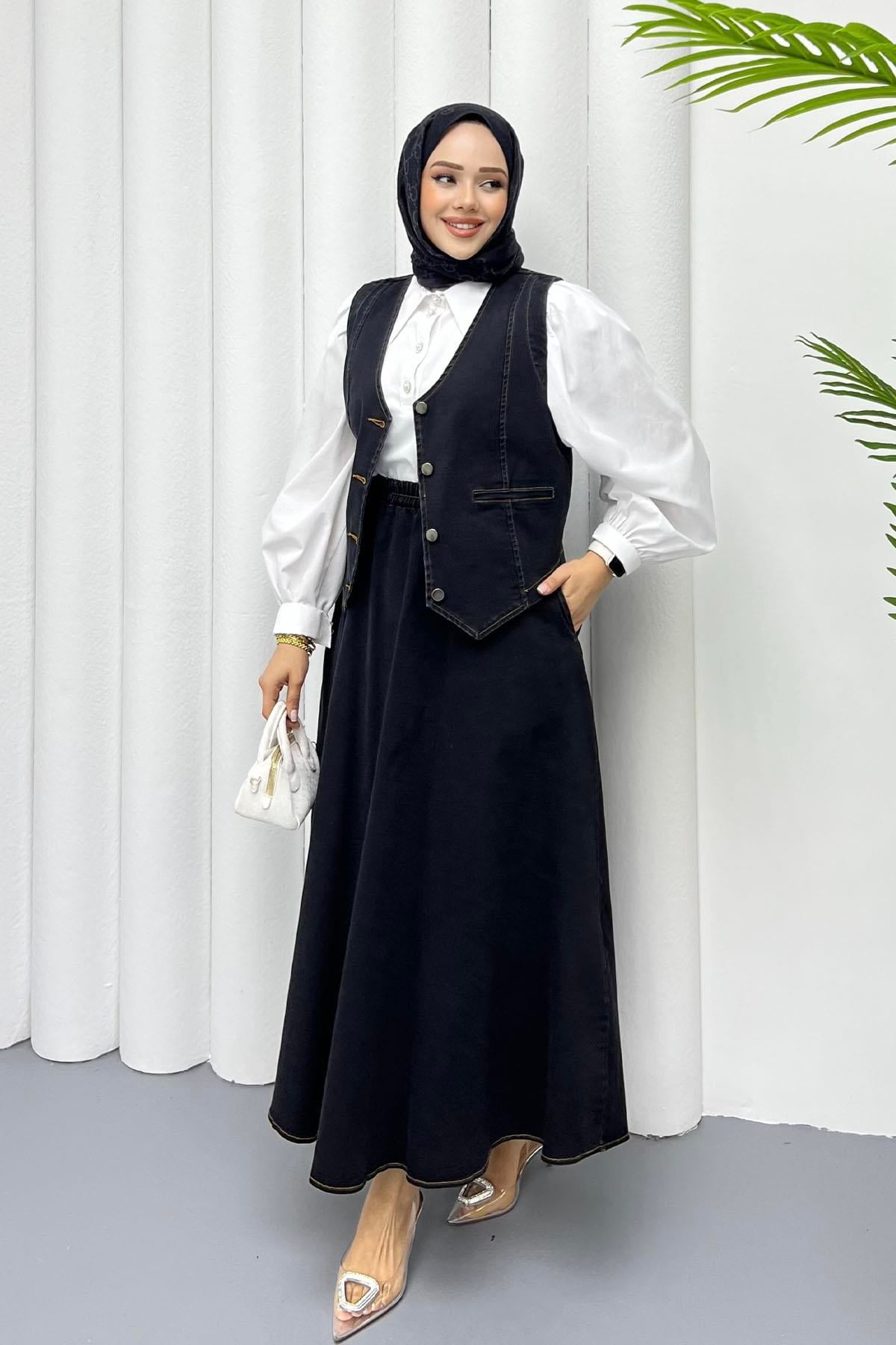 Denim Yelekli Etekli Tesettür Takım-SİYAH