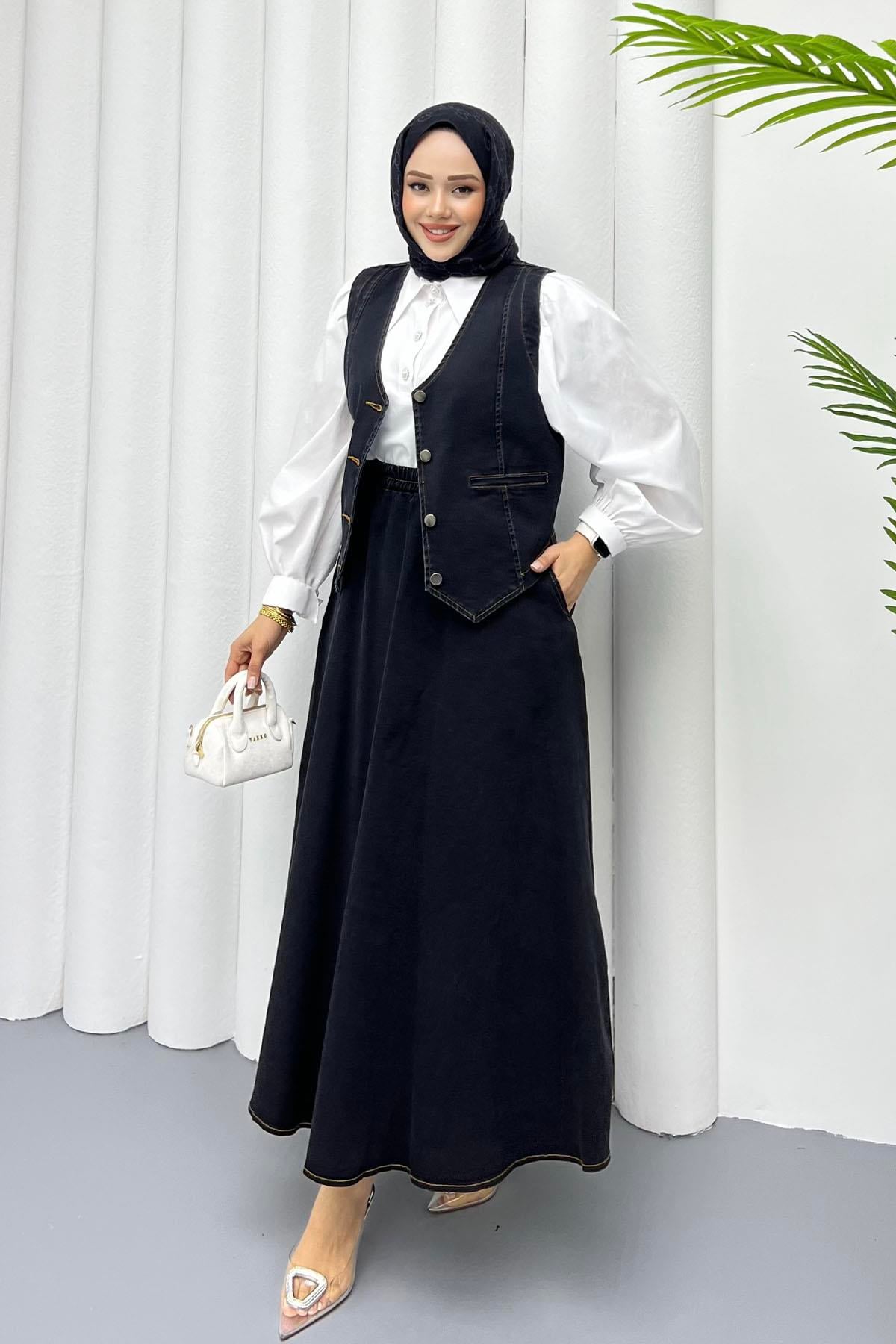Denim Yelekli Etekli Tesettür Takım-SİYAH