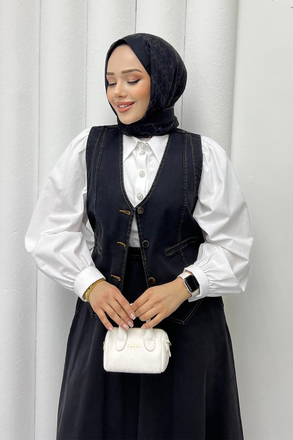 Denim Yelekli Etekli Tesettür Takım-SİYAH