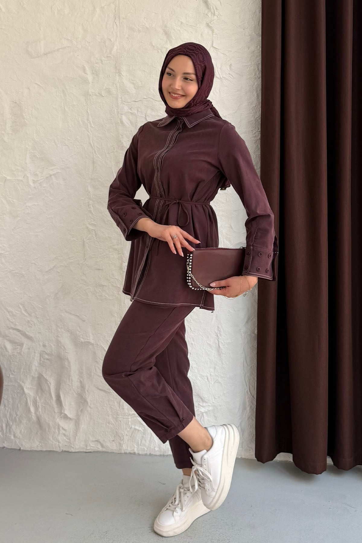 Dikiş Detaylı Gömlek Pantolon Tesettür Takım-BORDO
