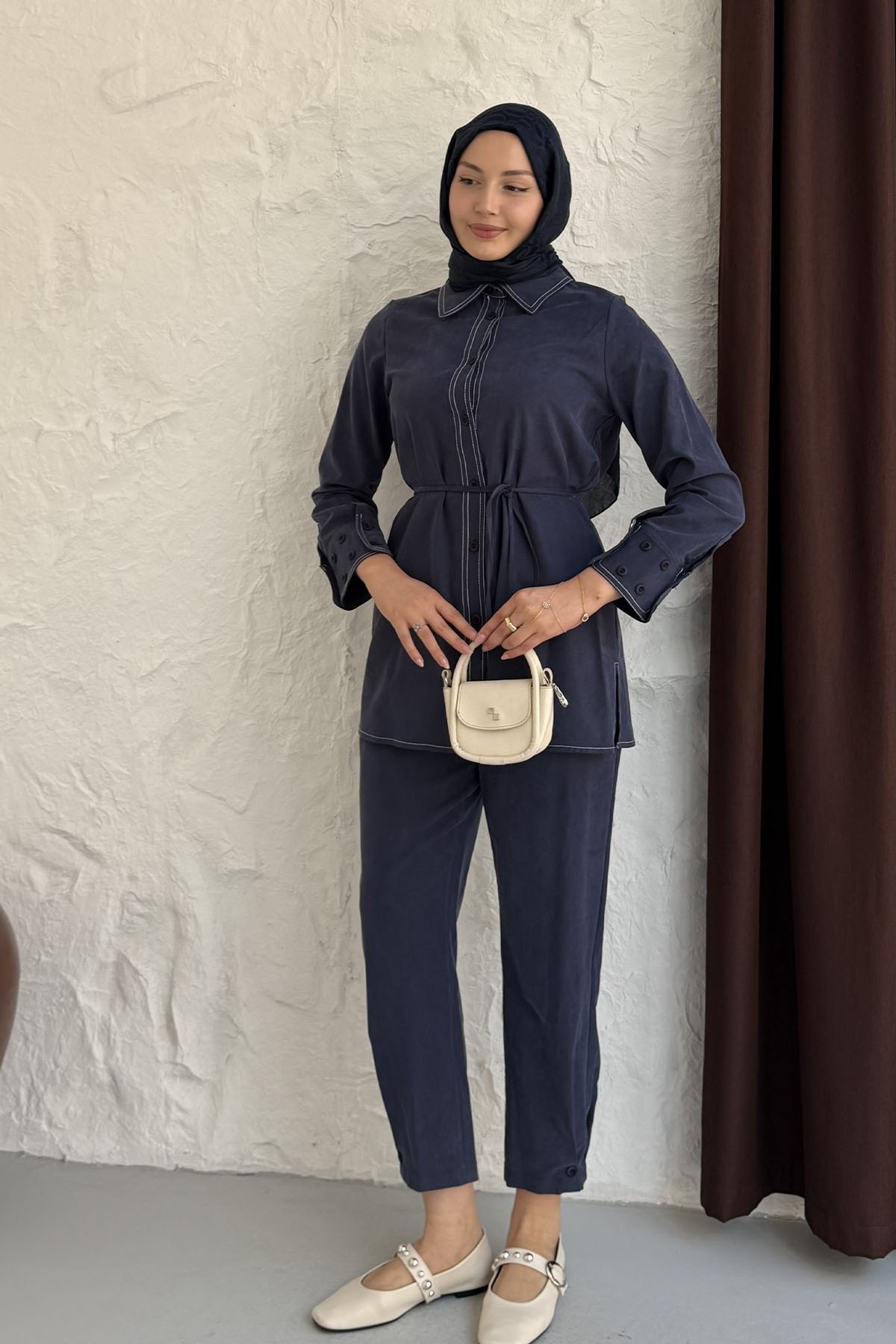 Dikiş Detaylı Gömlek Pantolon Tesettür Takım-LACİVERT