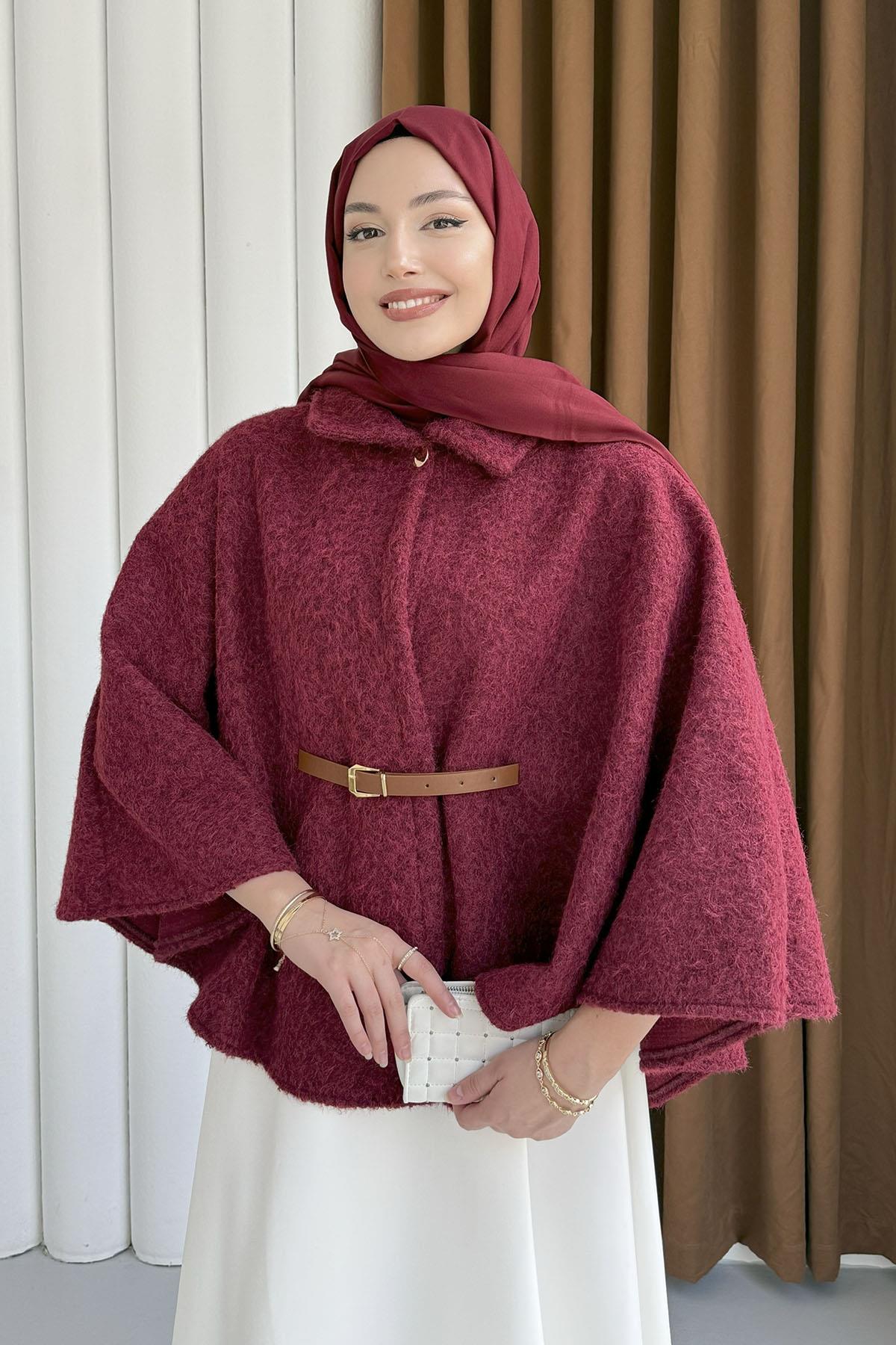 Düğmeli Kemer Detaylı Kırçıllı Kaşe Pelerin Panço-BORDO