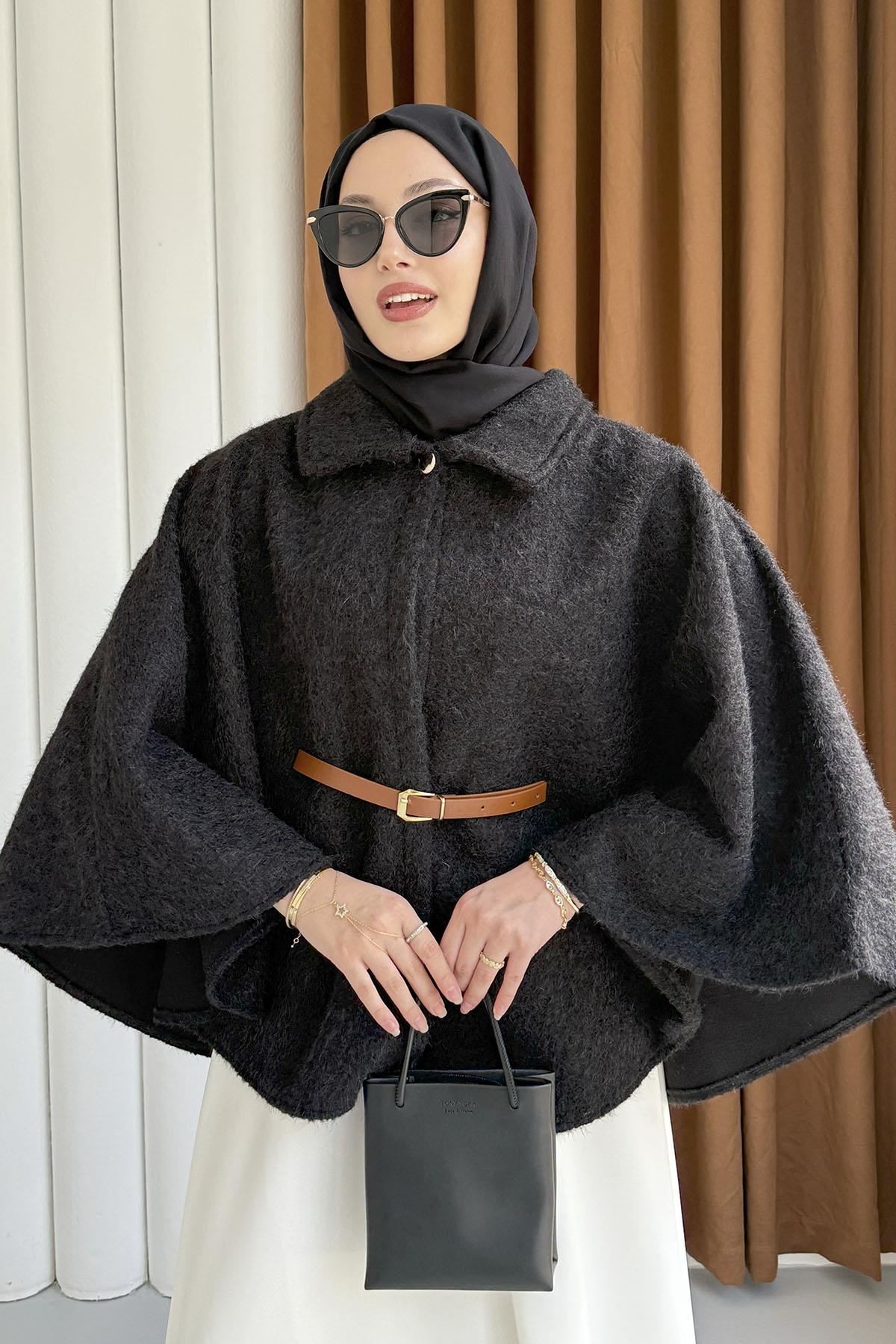 Düğmeli Kemer Detaylı Kırçıllı Kaşe Pelerin Panço-SİYAH