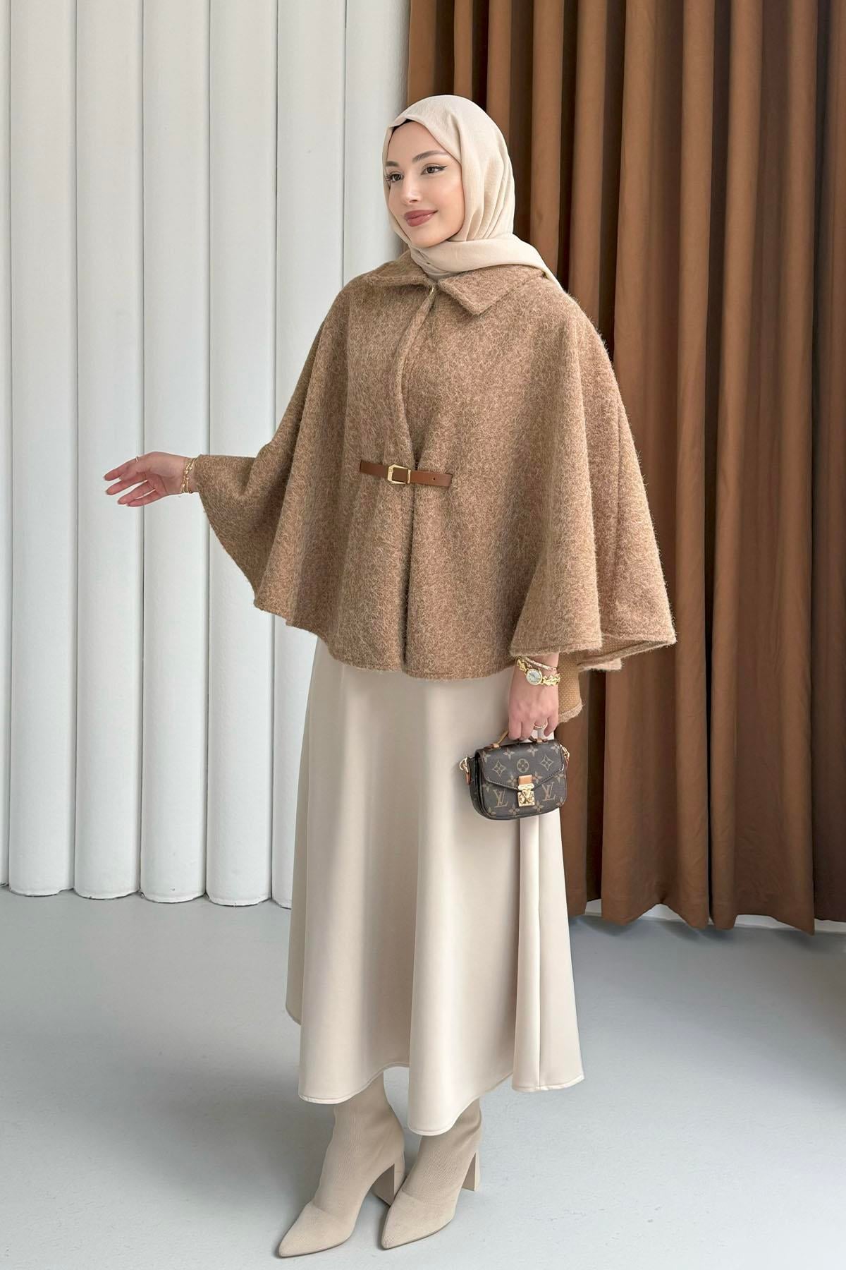 Düğmeli Kemer Detaylı Kırçıllı Kaşe Pelerin Panço-TOPRAK