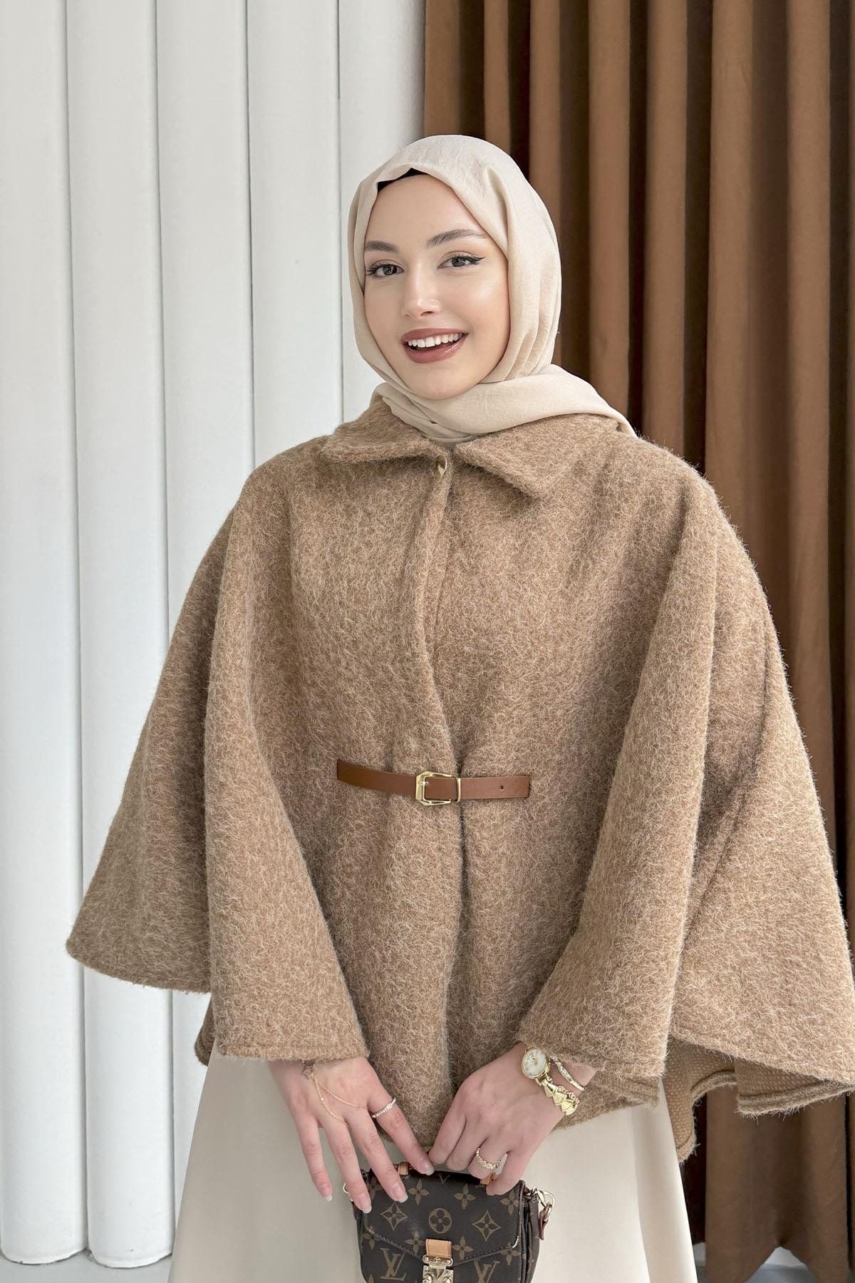 Düğmeli Kemer Detaylı Kırçıllı Kaşe Pelerin Panço-TOPRAK