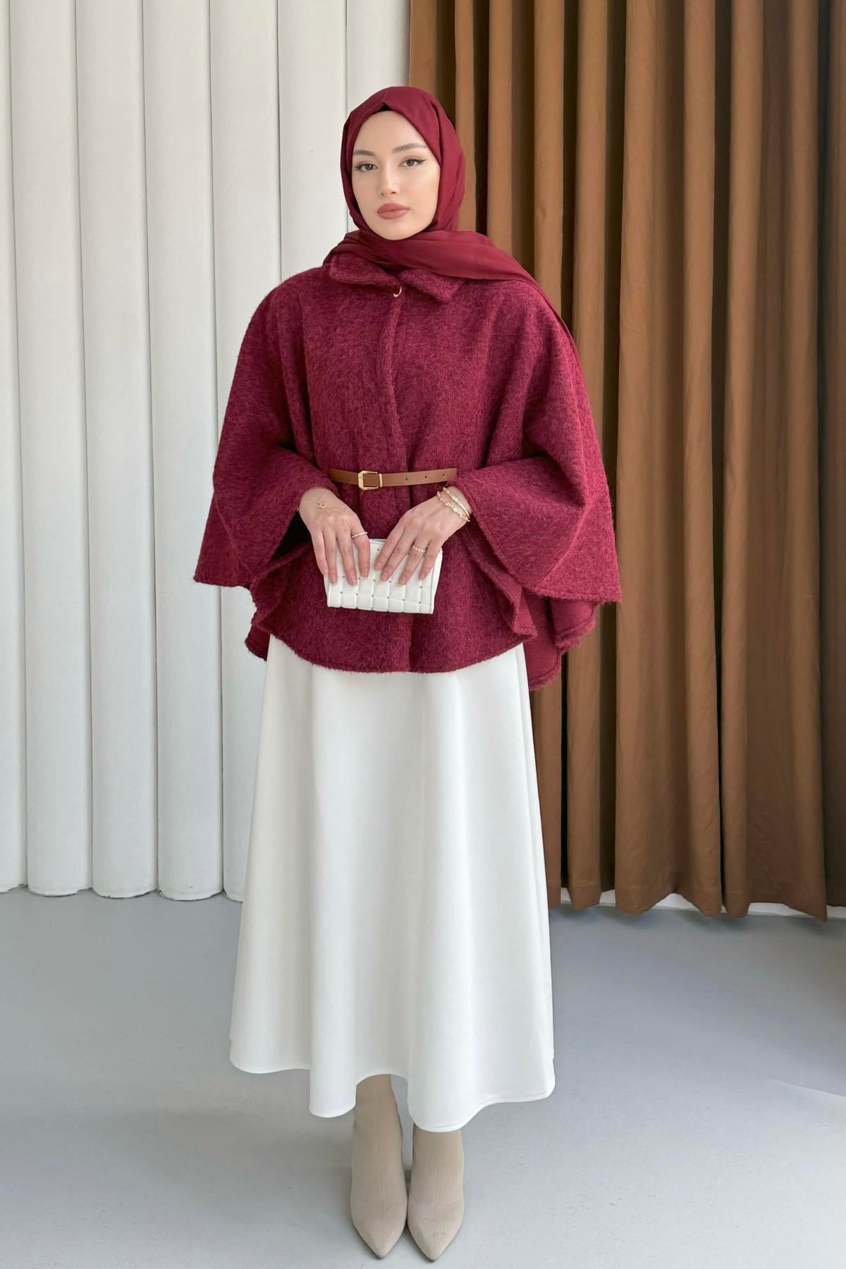 Düğmeli Kemer Detaylı Kırçıllı Kaşe Pelerin Panço-BORDO