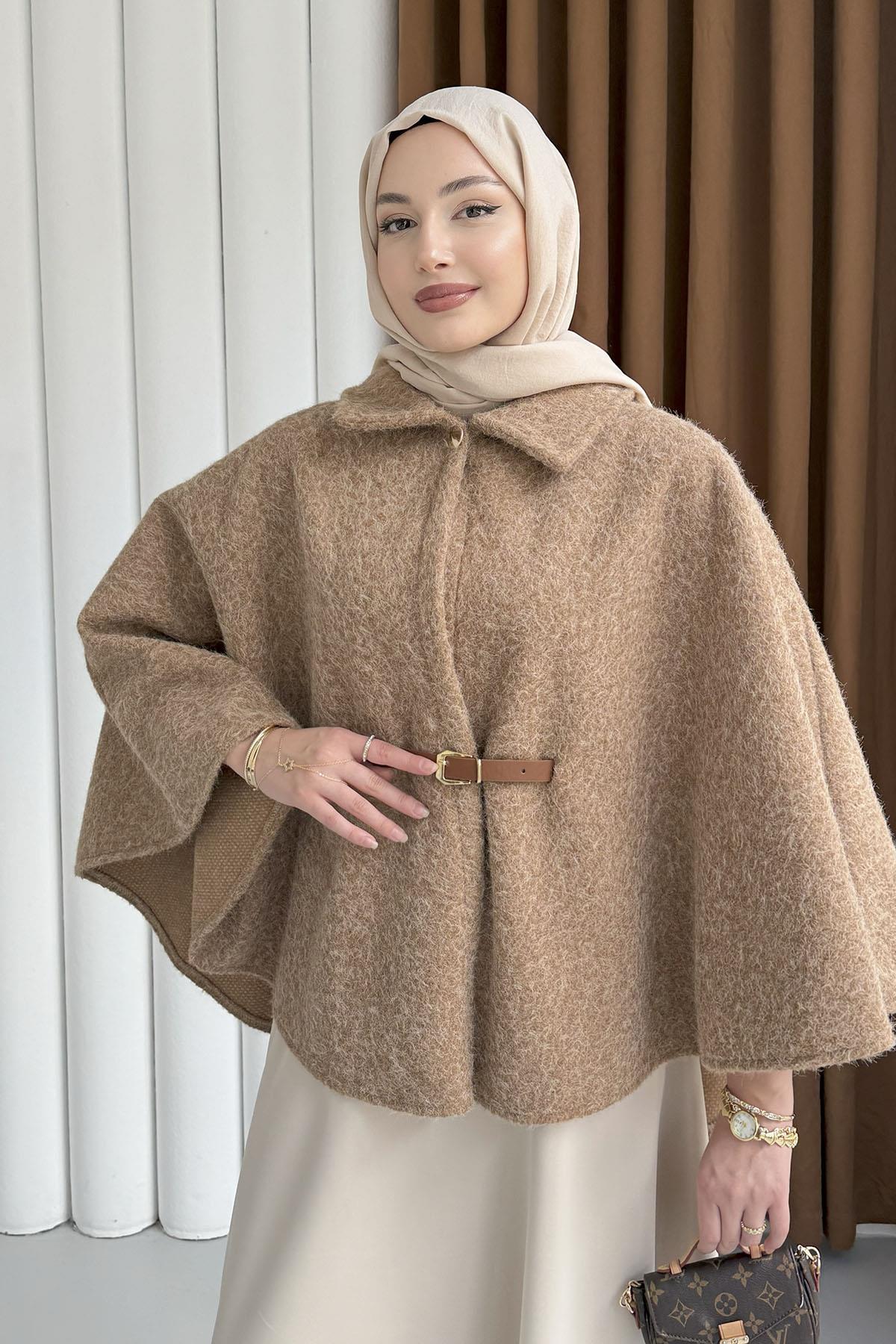 Düğmeli Kemer Detaylı Kırçıllı Kaşe Pelerin Panço-TOPRAK