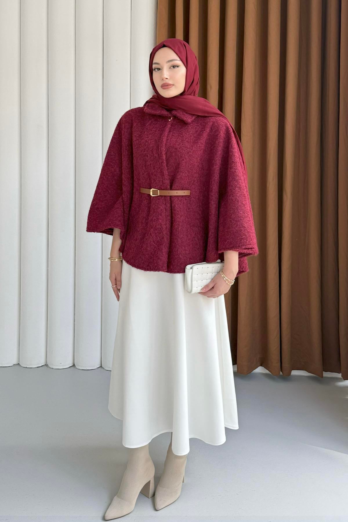 Düğmeli Kemer Detaylı Kırçıllı Kaşe Pelerin Panço-BORDO