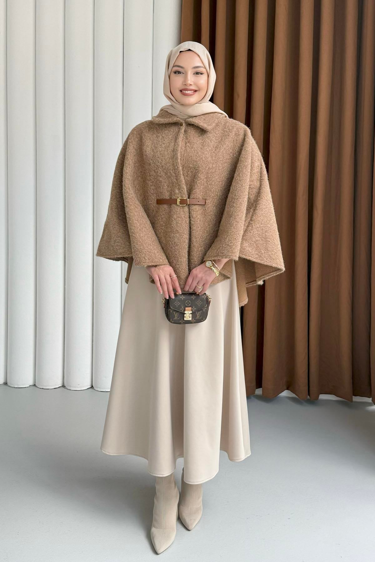 Düğmeli Kemer Detaylı Kırçıllı Kaşe Pelerin Panço-TOPRAK