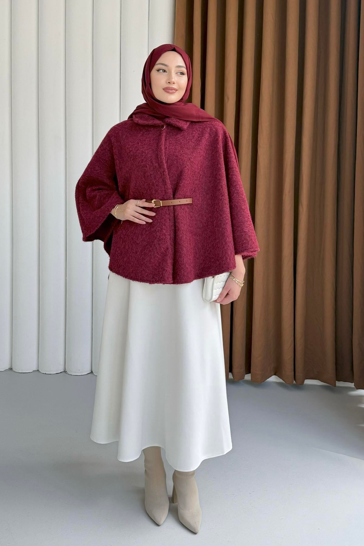 Düğmeli Kemer Detaylı Kırçıllı Kaşe Pelerin Panço-BORDO